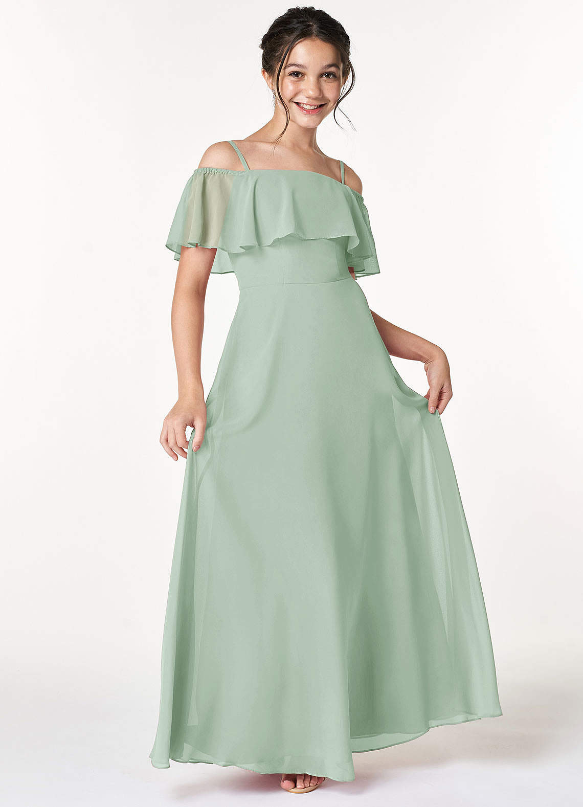Azazie Maggie Junior Agave A-Line Off the Shoulder Chiffon Dress image1
