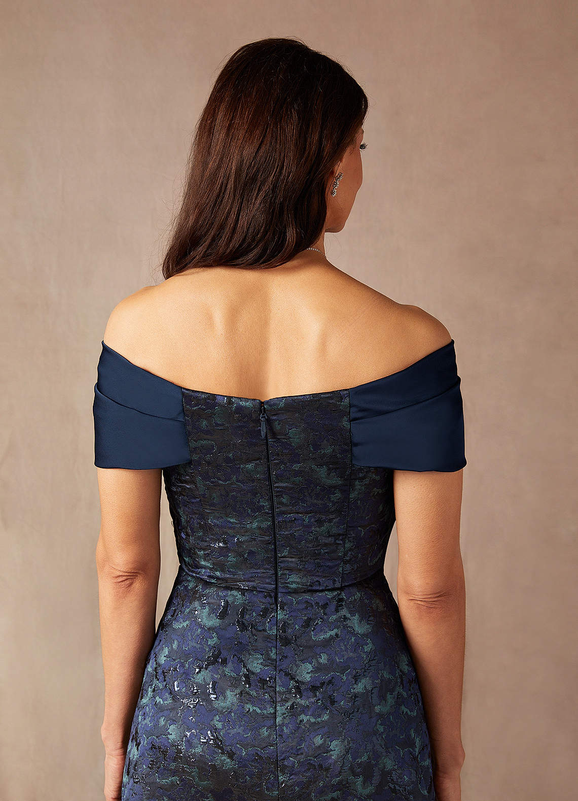 Azazie Amelia Dark Navy A-Line Off the Shoulder Jacquard Dress