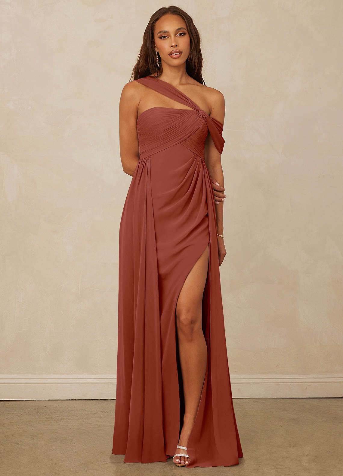 Christian Siriano Bridal for Azazie 1014 Bridesmaid Dresses Auburn A-Line Off the Shoulder Chiffon Dress image1