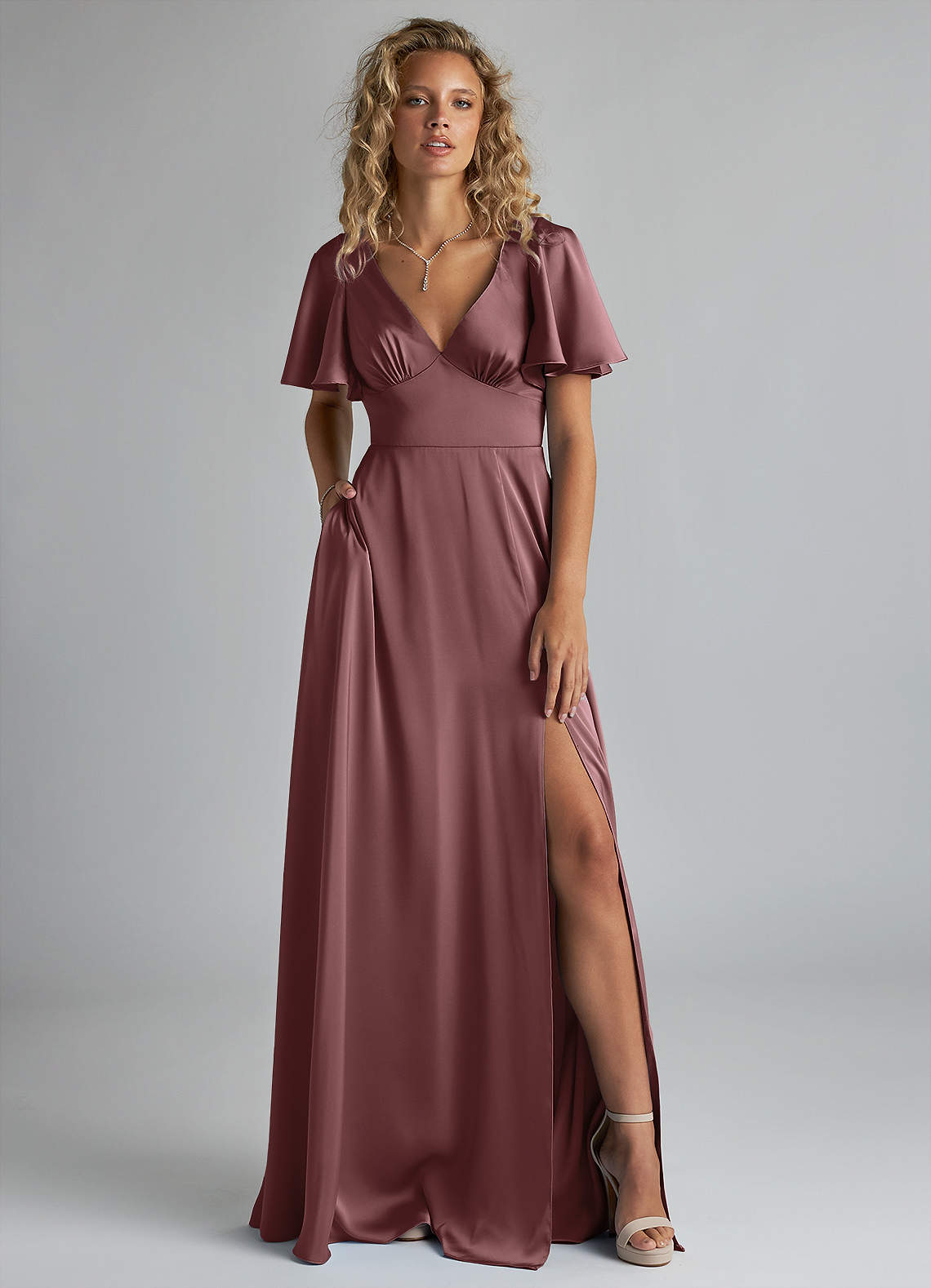Azazie Kimber Bridesmaid Dresses Vintage Mauve A-Line Ruched Stretch Satin Dress image1
