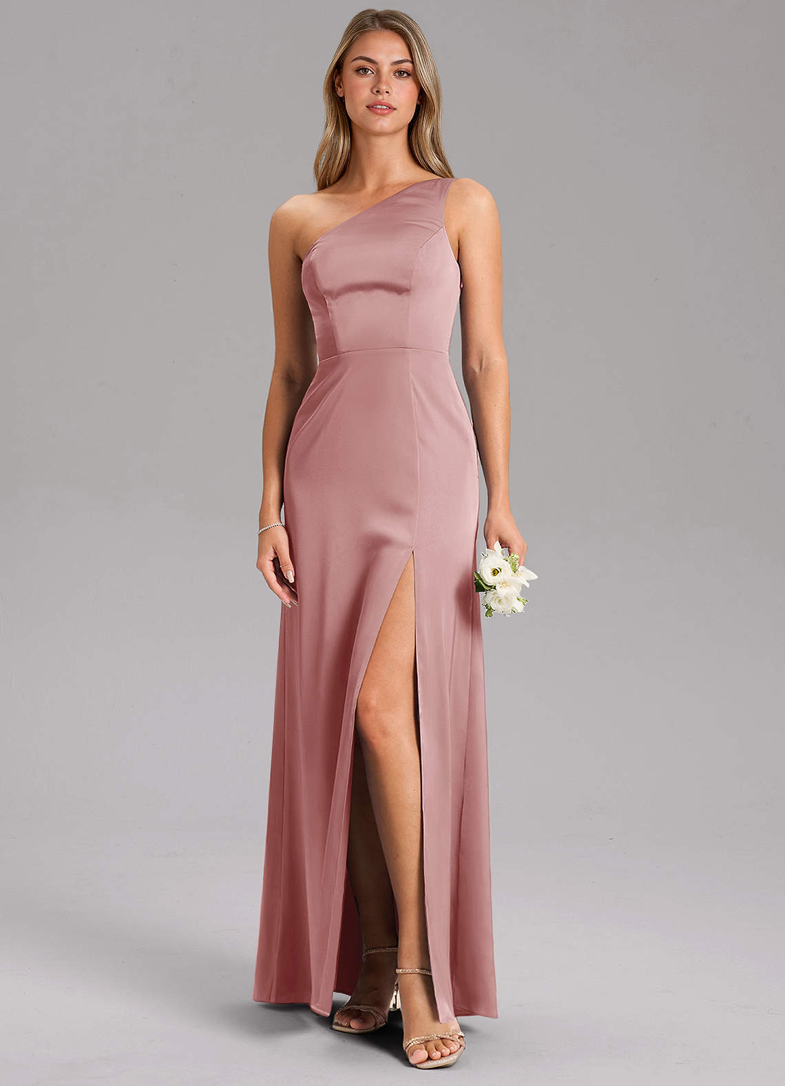 Azazie Phaedra Vestidos de madrinha de casamento Vestido Rosa Empoeirada de Cetim elástico de Linha A com Um ombro image8