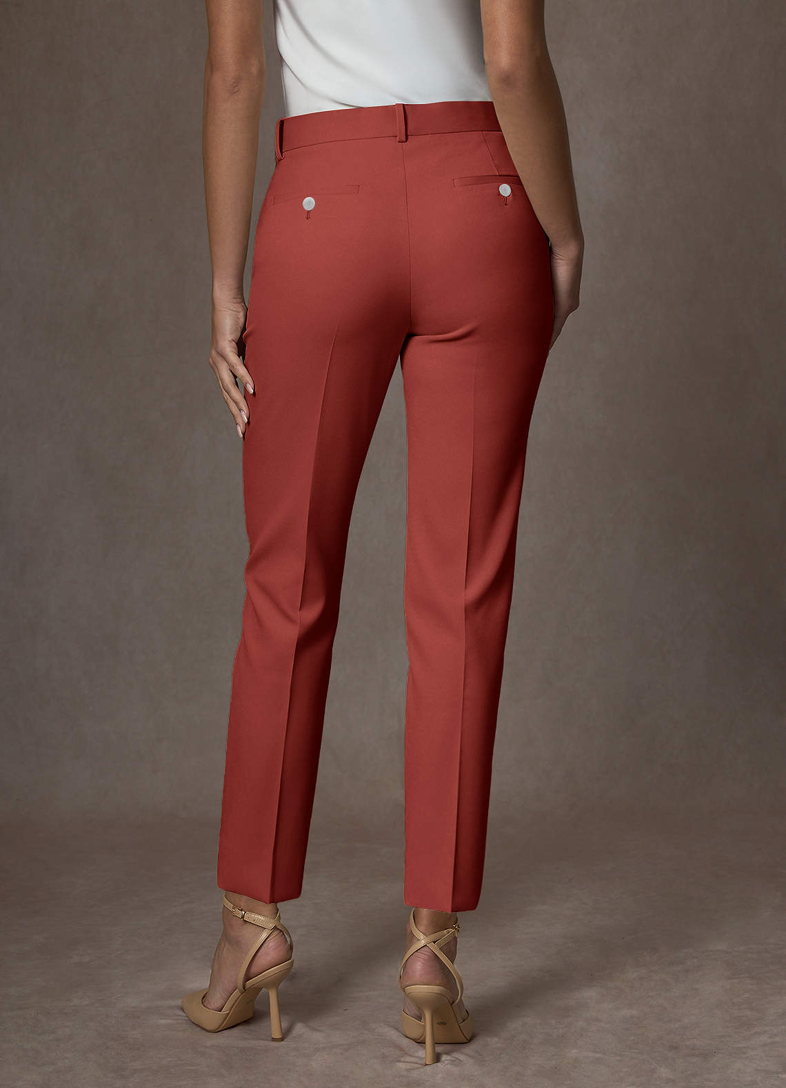 front Whitney Terracotta Structured Stretch Full Length Dress Pants
