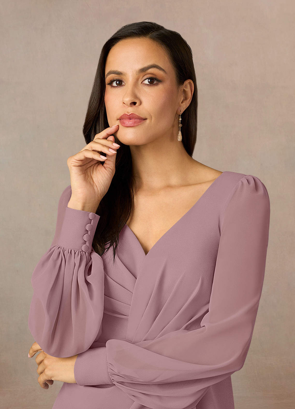 Dusty Rose Azazie Karen Sheath Pleated Stretch Crepe Knee-Length Dress ...