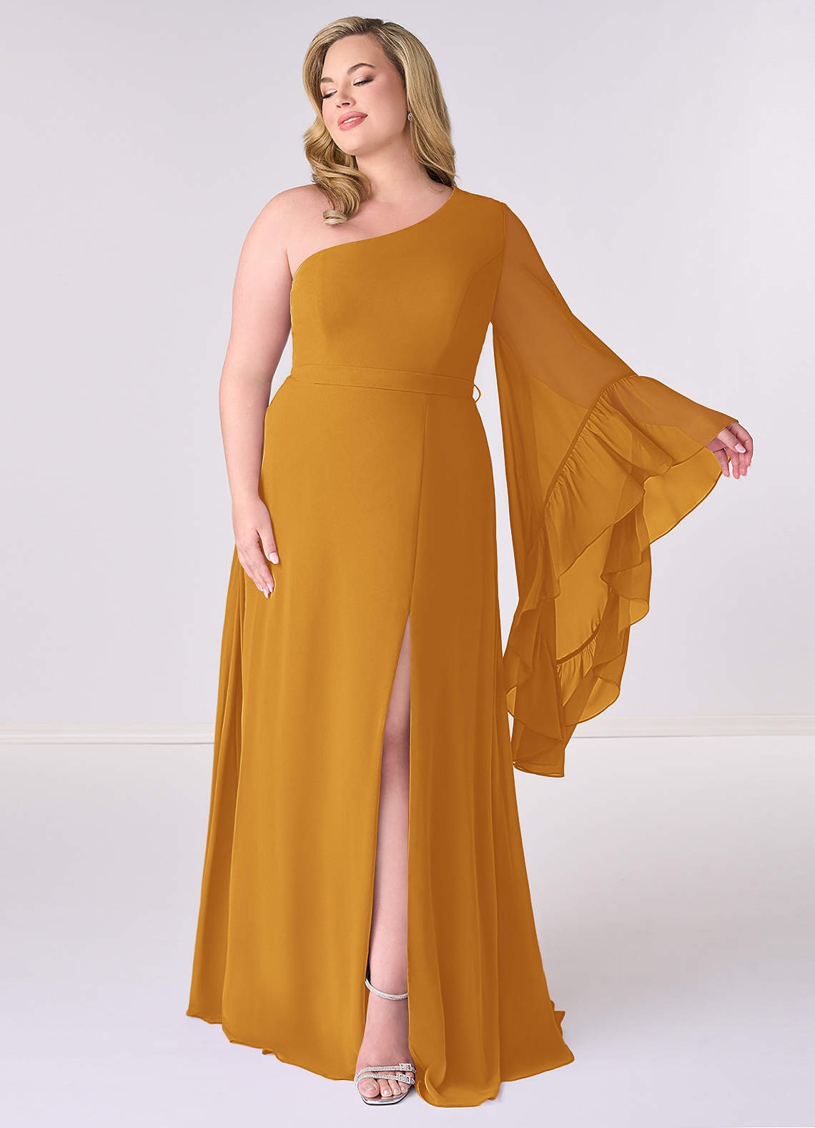 Butterscotch One Shoulder Sleeve Chiffon A-Line Dress Bridesmaid ...