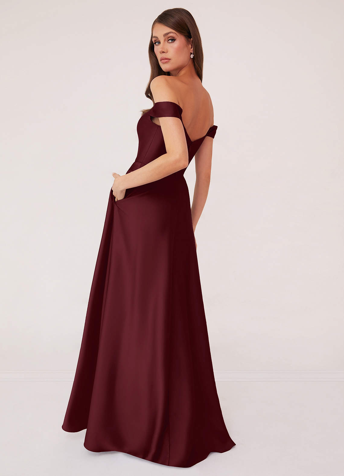 Barbie ♥ Azazie Bridesmaid Dresses Cabernet A-Line Off the Shoulder Stretch Satin Convertible Dress image3