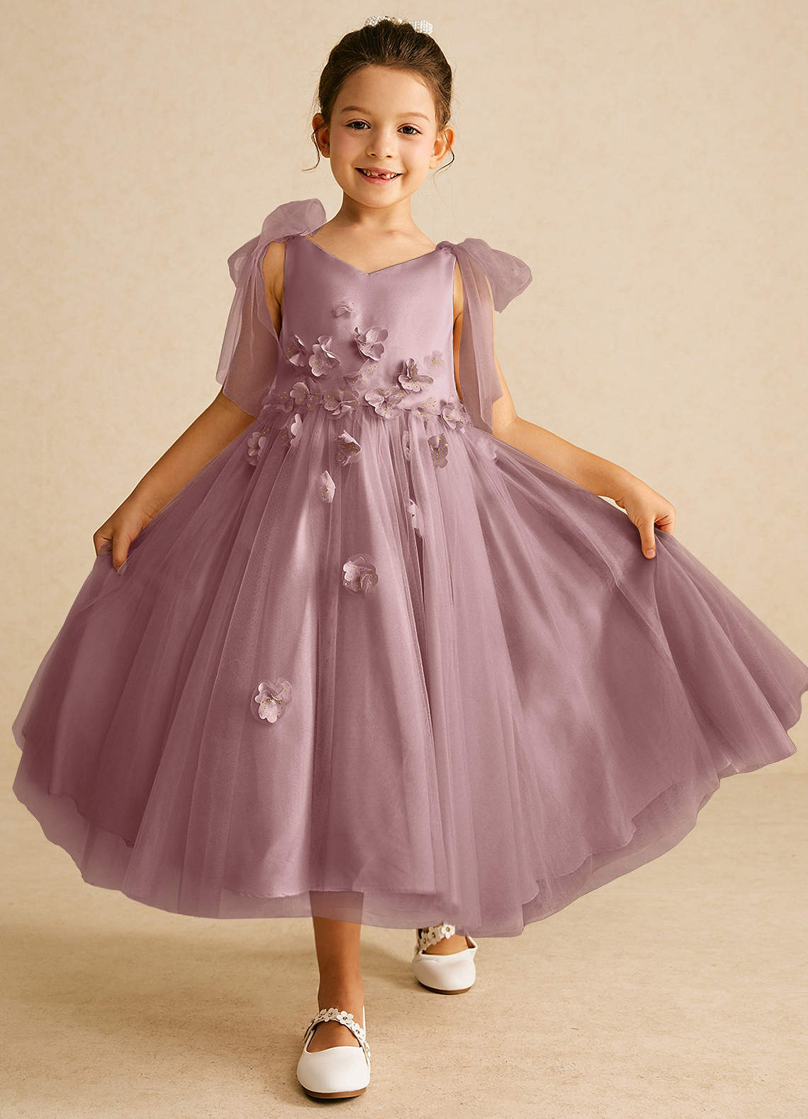 Azazie Minia Flower Girl Dresses Dusty Rose A-Line Bow Matte Satin Dress image1