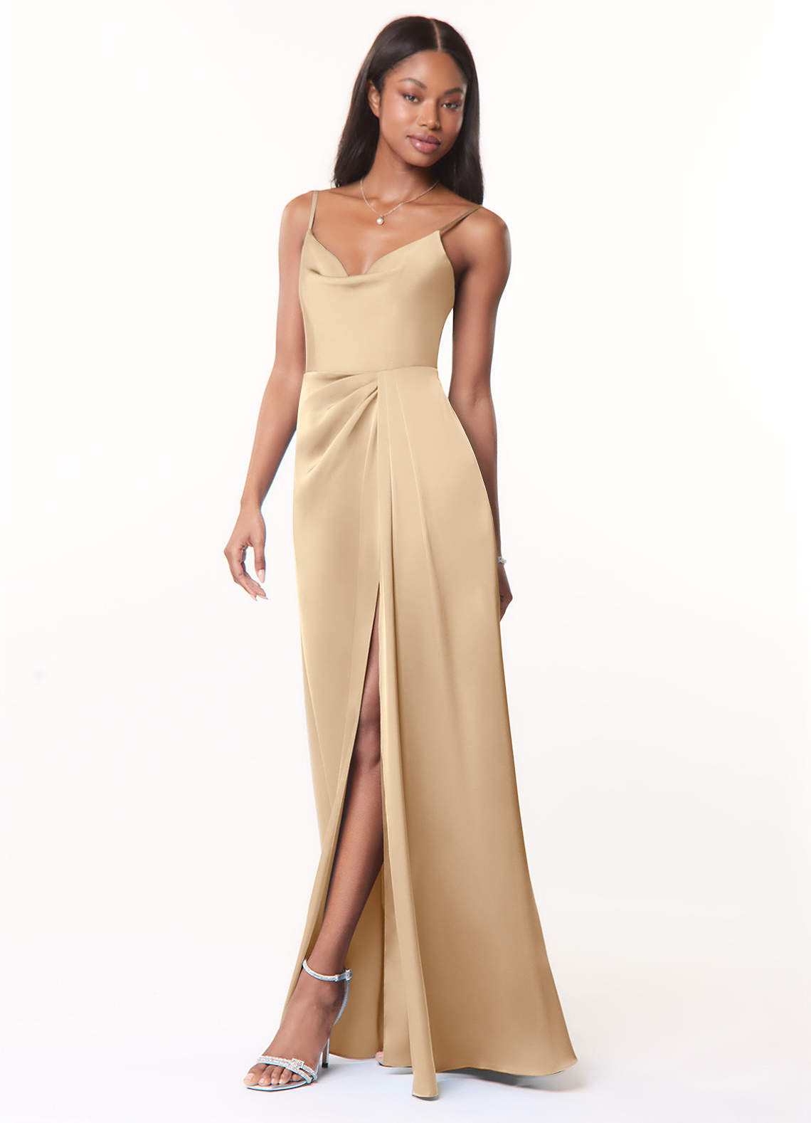 Azazie Brielle Kotona sovitettavat mekot A-linja Kannen spagettihihnat Joustava satiini Lattian pituus Pukeutua image2