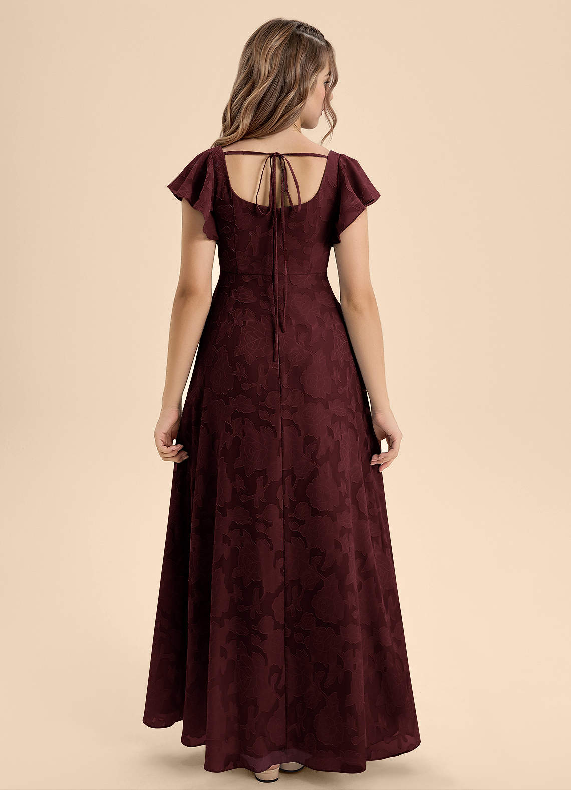Azazie Bondi Junior Cabernet A-Line Bow Floral Burnout Dress image1