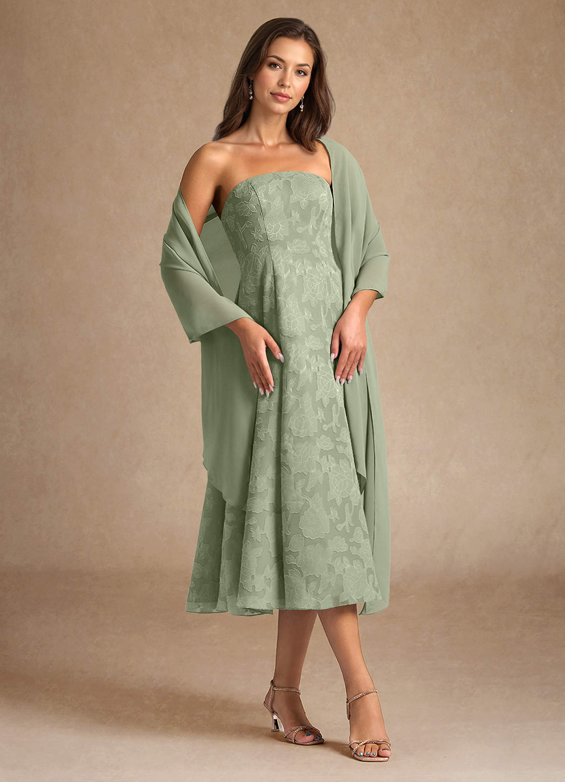Azazie Lorain Agave A-Line Pleated Floral Burnout Dress Ready to