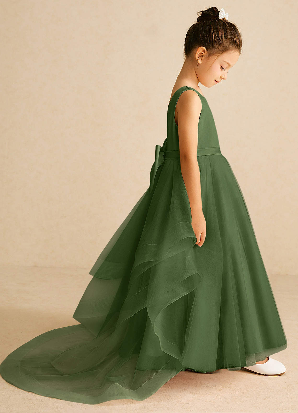 Azazie Pumpkin Flower Girl Dresses Olive A-Line Convertible Tulle Dress image2