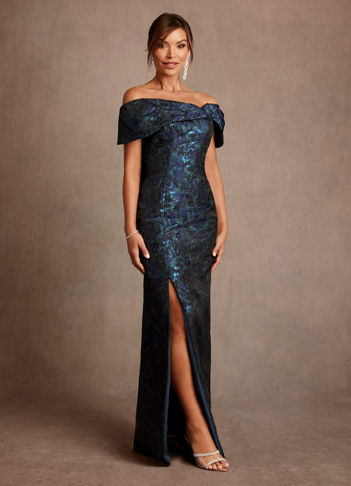 Azazie Zion Mother of the Bride Dresses Dark Navy Sheath Off the Shoulder Floral Jacquard Dress image3