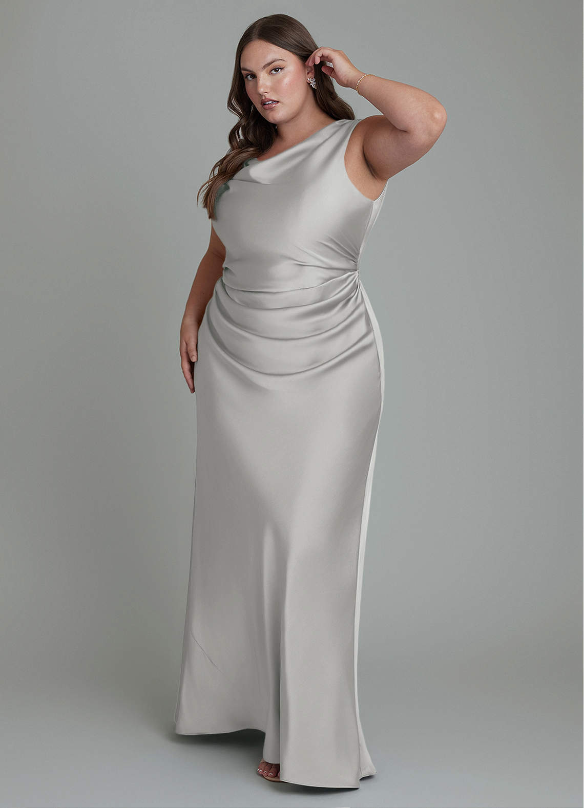 Azazie Kieryn Bridesmaid Dresses Silver Mermaid Pleated Stretch Satin Dress image8