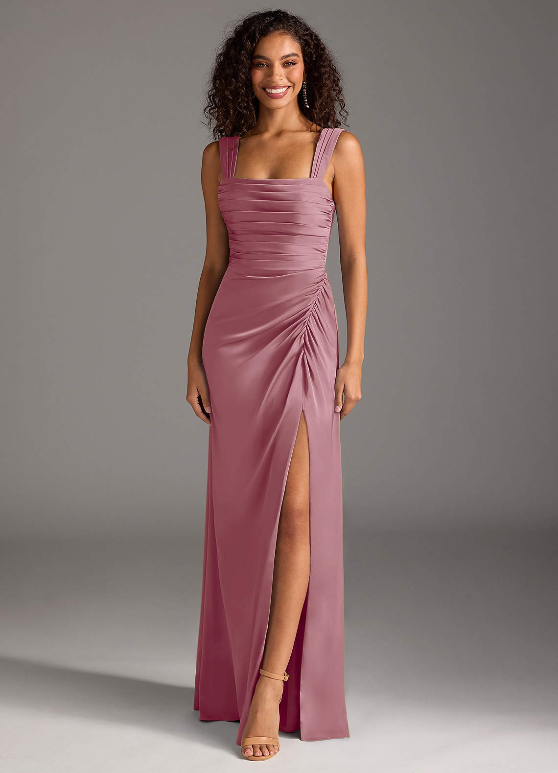 Azazie Jesaphine Bridesmaid Dresses Vintage Mauve Sheath Bow Stretch Satin Dress image1