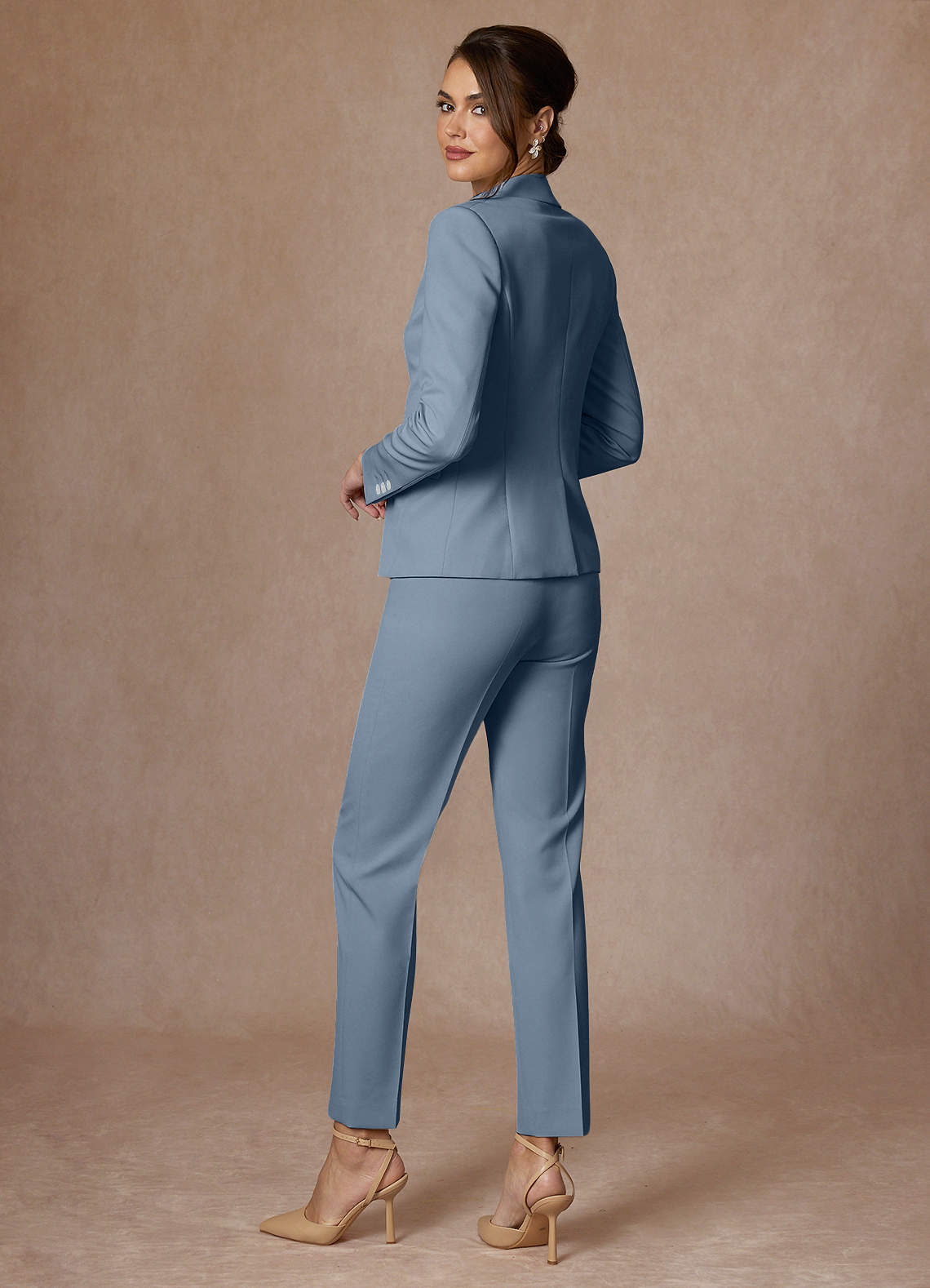 front Whitney Dusty Blue Structured Stretch Full Length Pants Suit