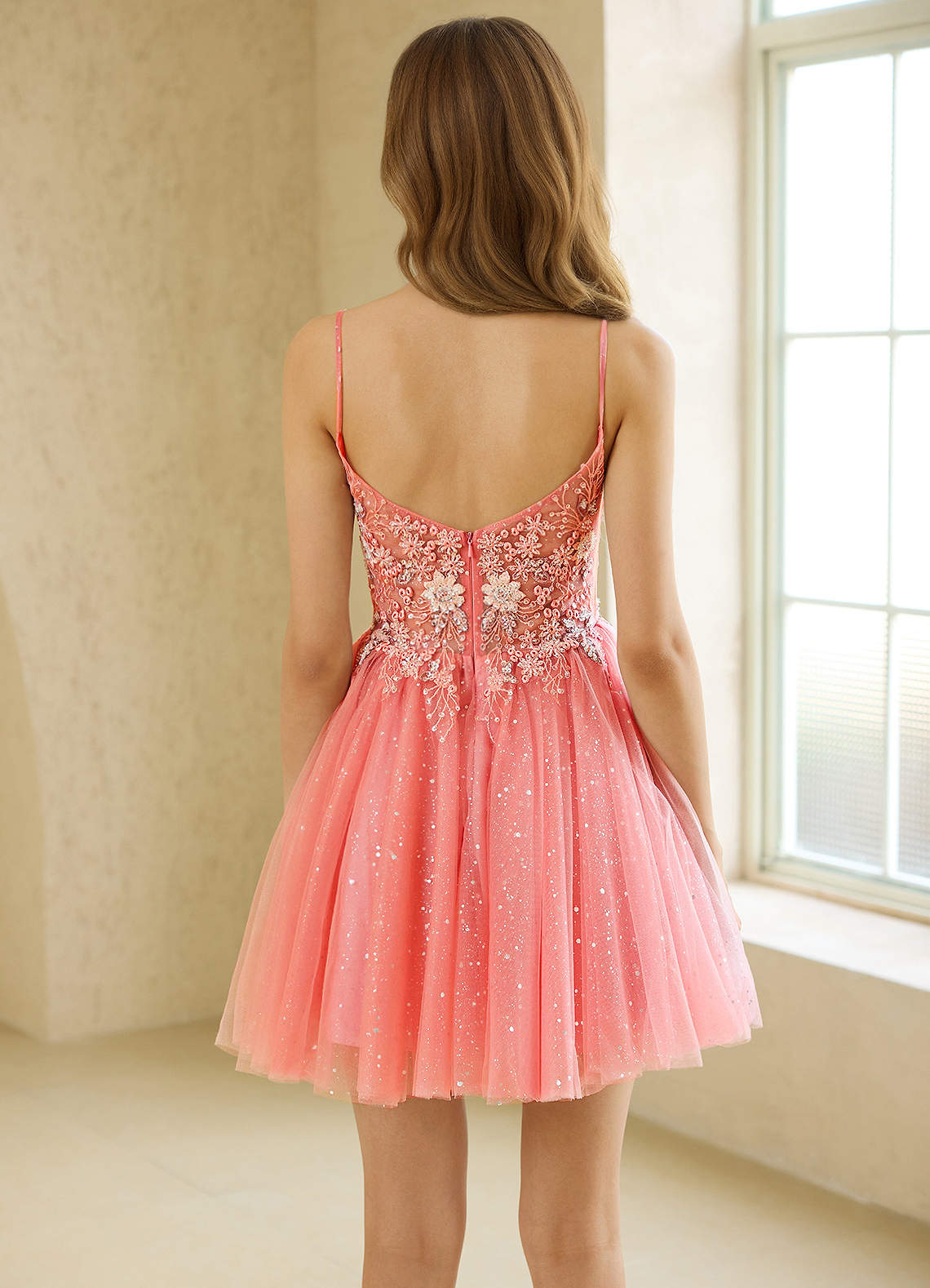 Azazie Spaghetti Strap Homecoming Dress 2026 Orange Beading Bra Friendly
