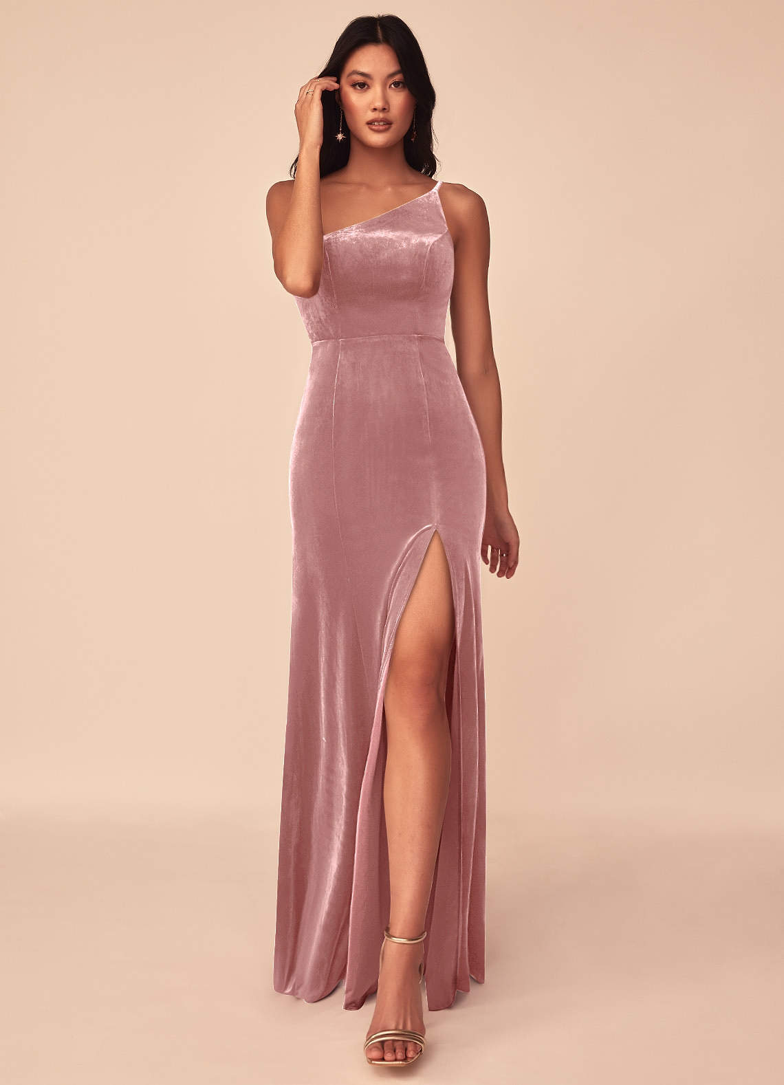 Azazie Kala Bridesmaid Dresses Dusty Rose A-Line One Shoulder Velvet Dress image1