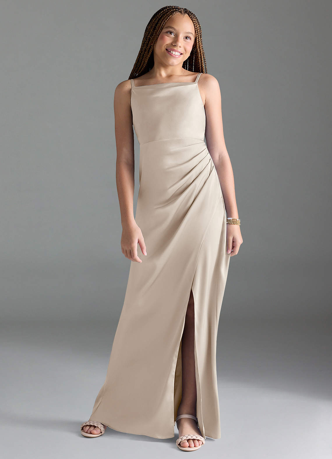 Azazie Leonis Junior Frost A-Line Pleated Stretch Satin Dress image1