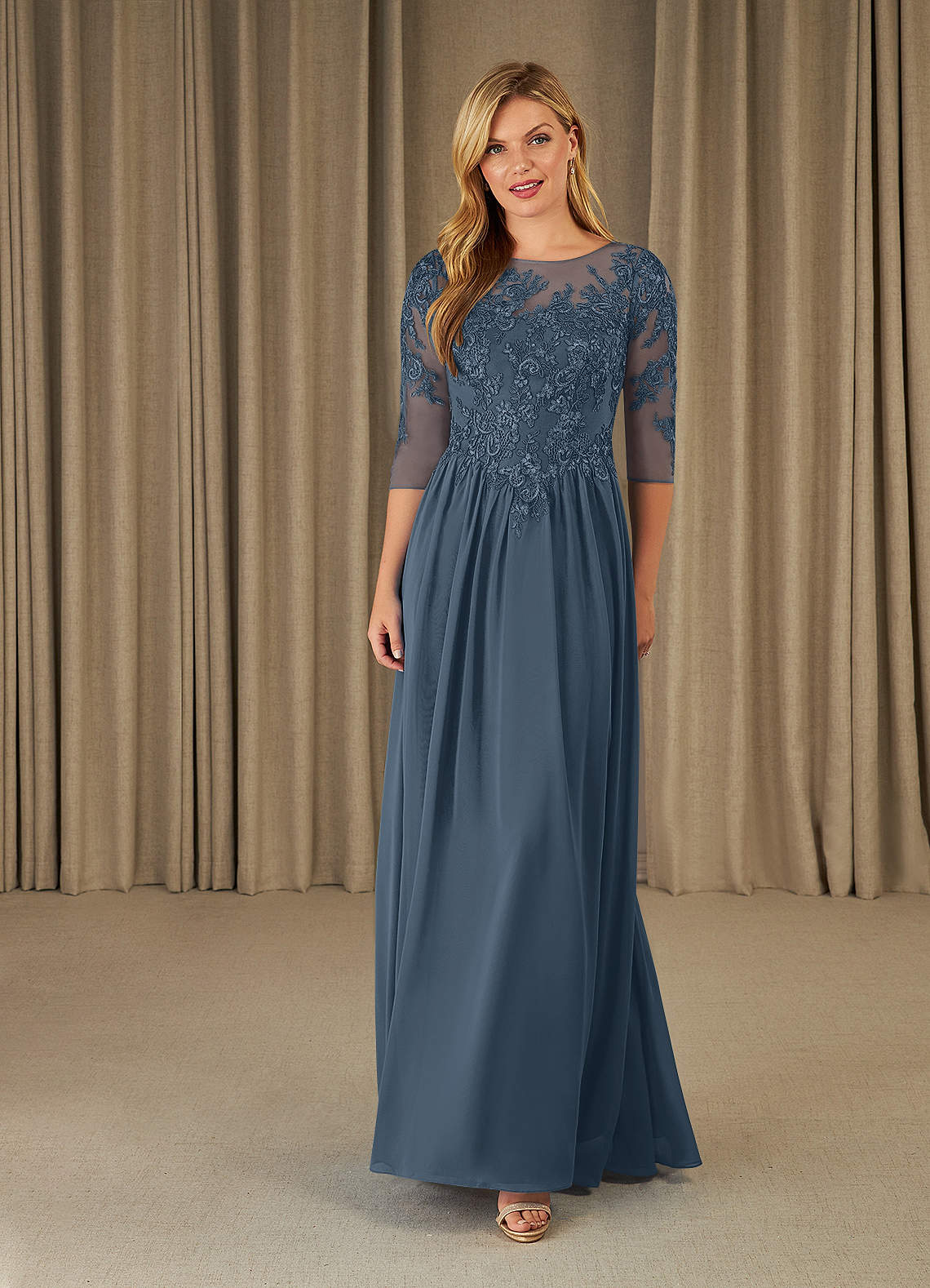 Azazie Mirielle Brudens mor kjoler A-Line Scoop Blonde Chiffon Gulv-længde Kjole image1