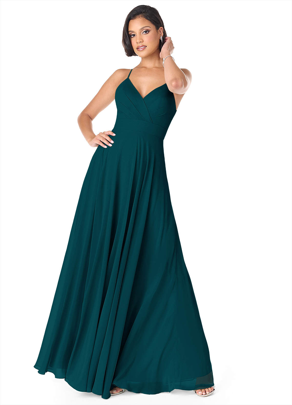 Azazie Avelina Robes de demoiselle d'honneur Robe Trapèze en Mousseline de soie Col V plissé Vert Pin image1