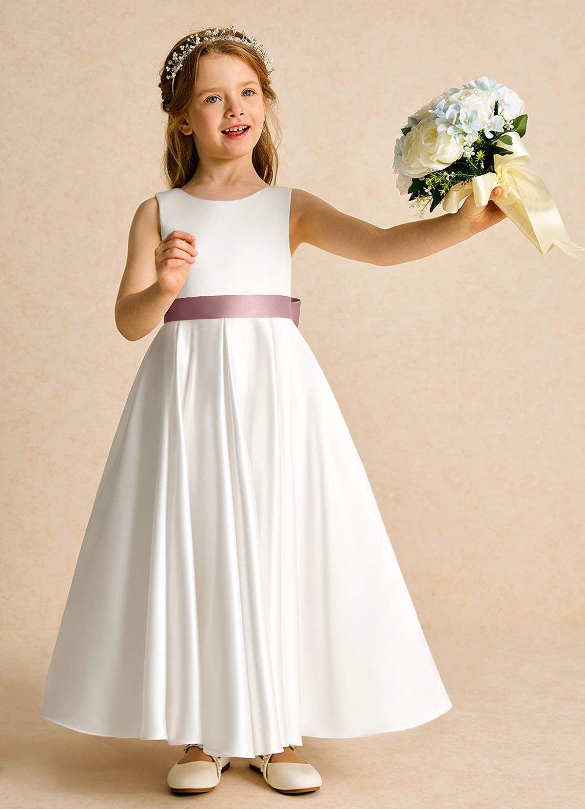 Azazie Cherry Flower Girl Dresses Ivory Dusty Rose Ball-Gown Pleated Matte Satin Dress image1