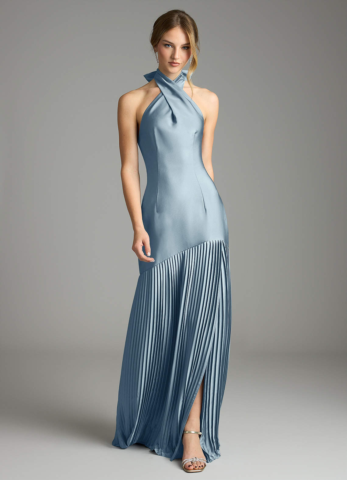 Azazie Nayeli Jurken voor bruidsmeisjes Jurk van Stretch Satijn met A-Lijn Geplooid Stoffig Blauw image1