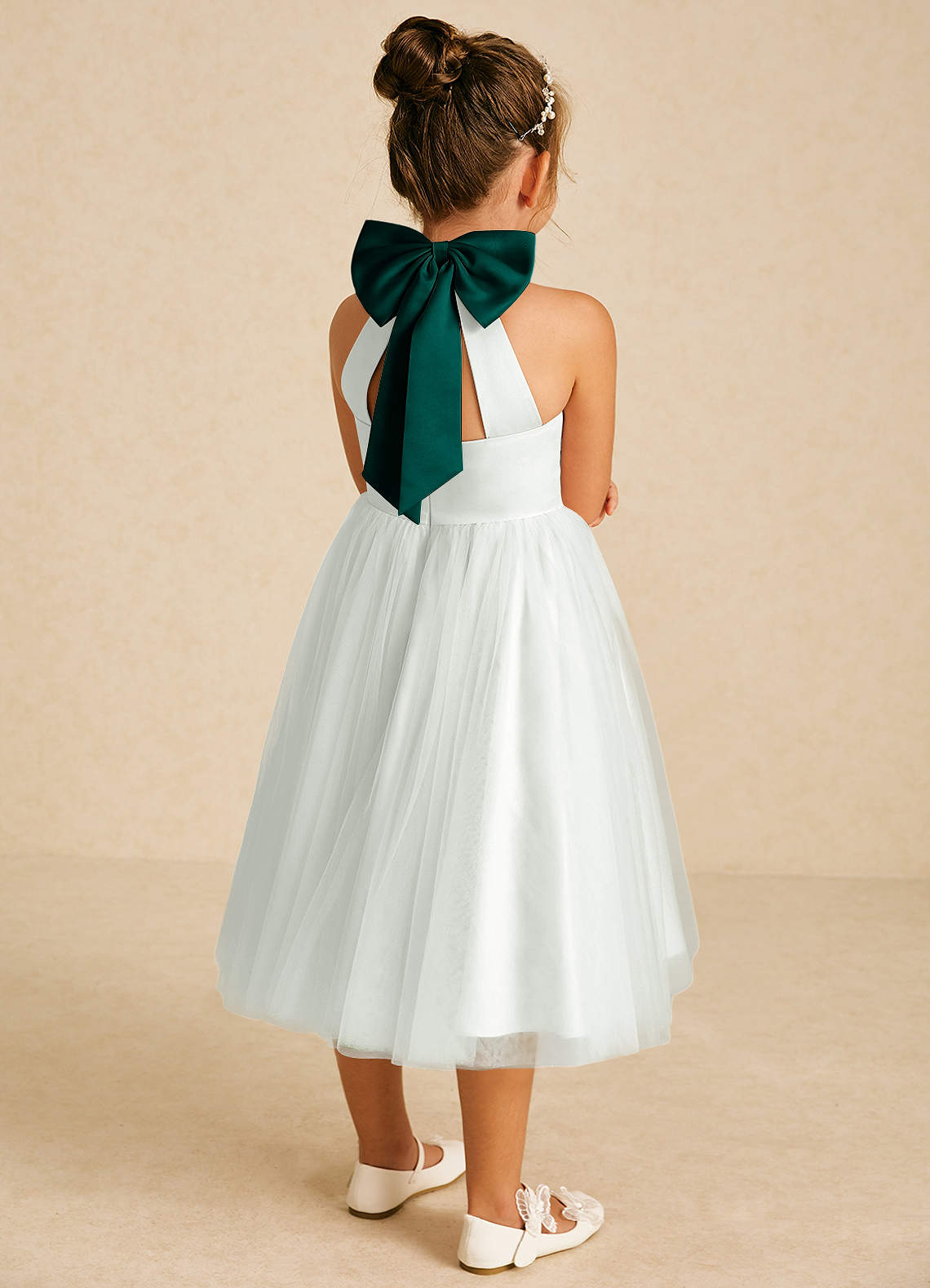 Azazie Dora Flower Girl Dresses Ivory Pine A-Line Bow Tulle Dress image1