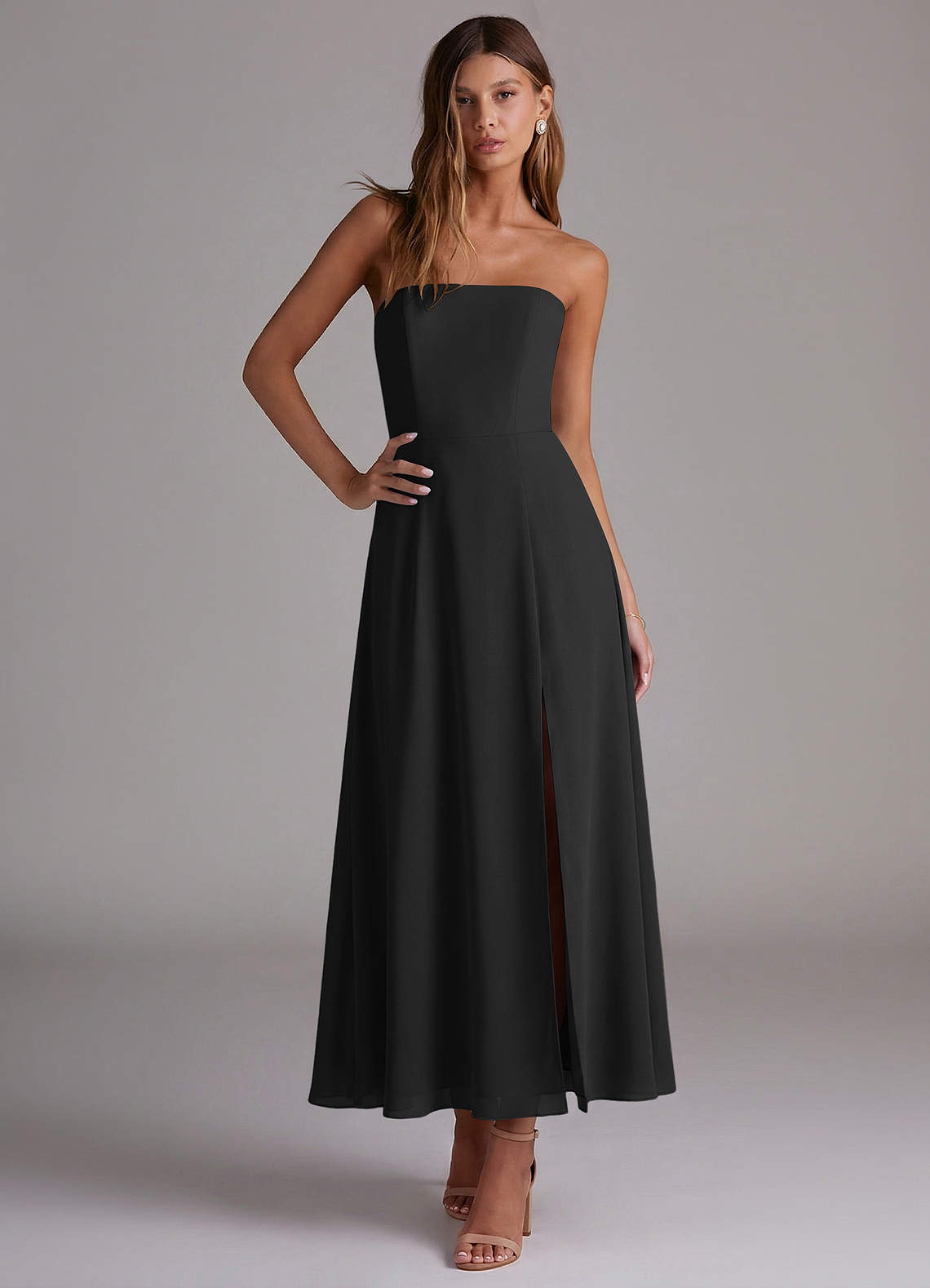 Azazie Wren Vestidos de madrinha de casamento Vestido Preto de Chiffon de Linha A com Sem alças image4