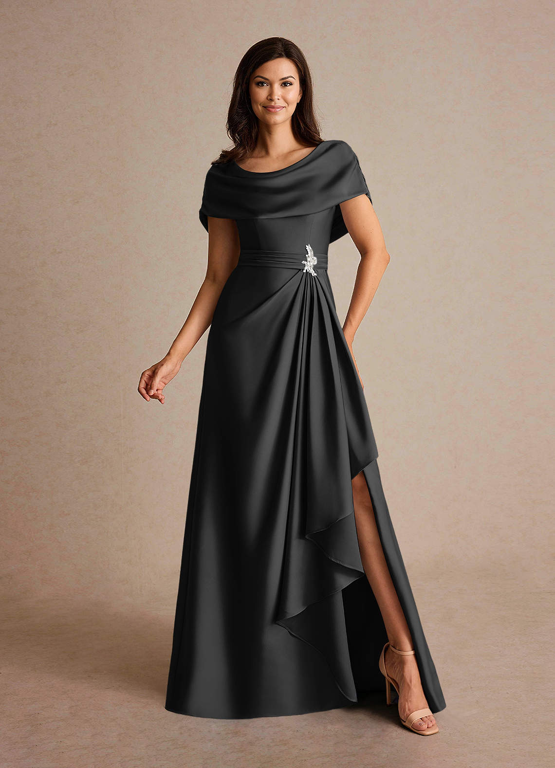 Azazie Branford Black A-Line Pleated Stretch Satin Dress