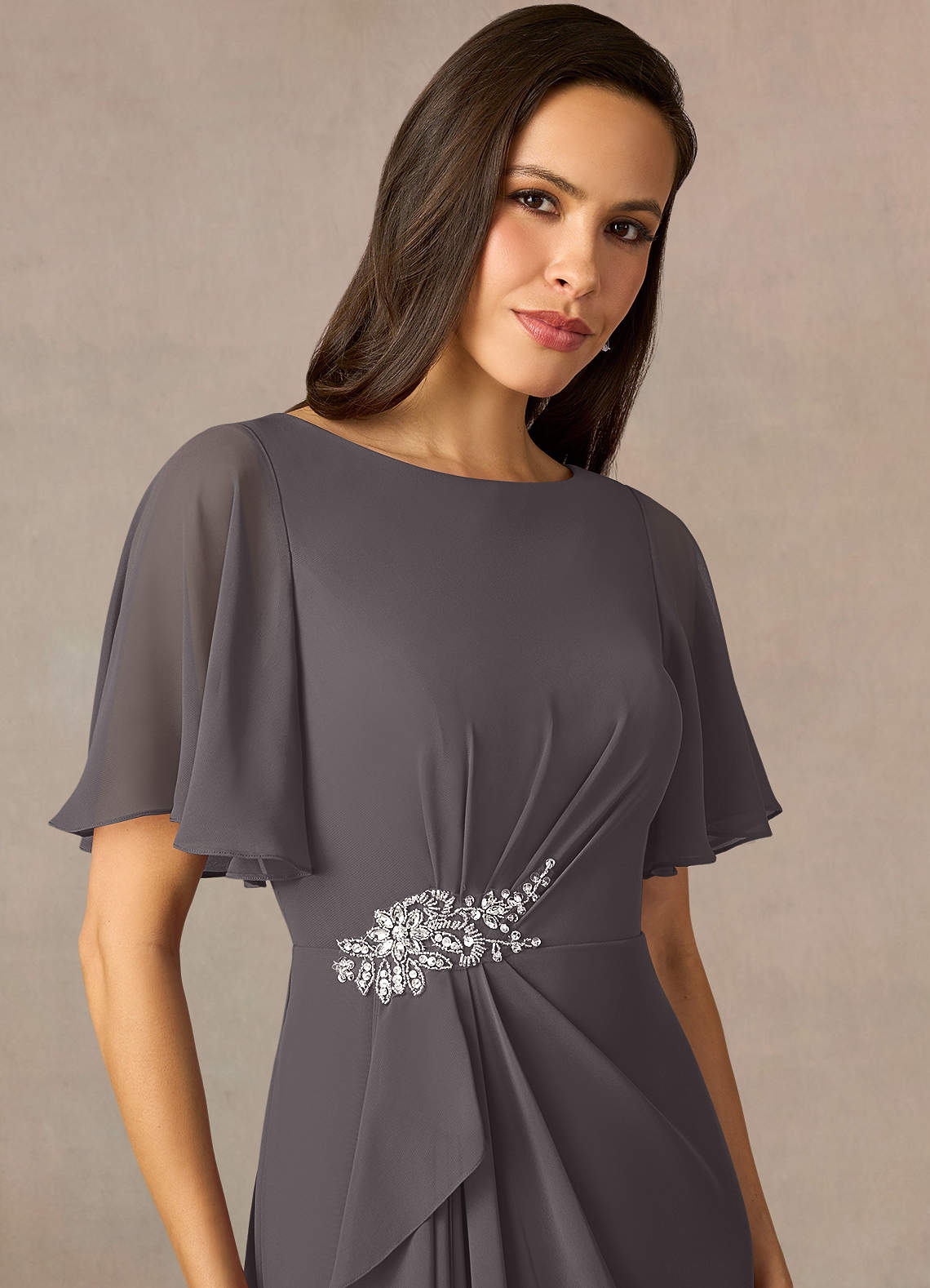 Azazie Rain Steel Grey Sheath Beaded Chiffon Dress | Azazie