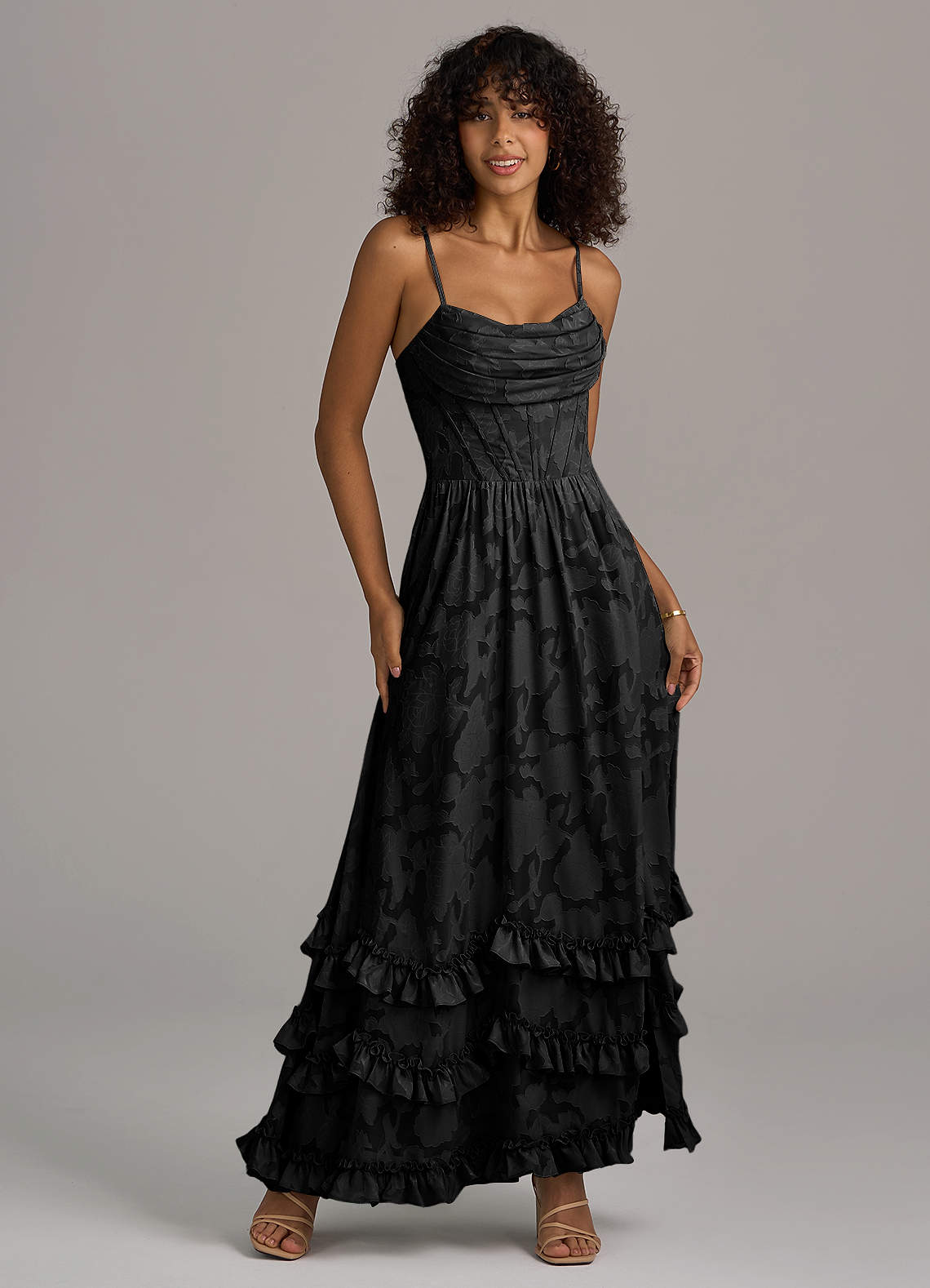 Azazie Lettie Bridesmaid Dresses Black A-Line Corset Floral Burnout Dress image1