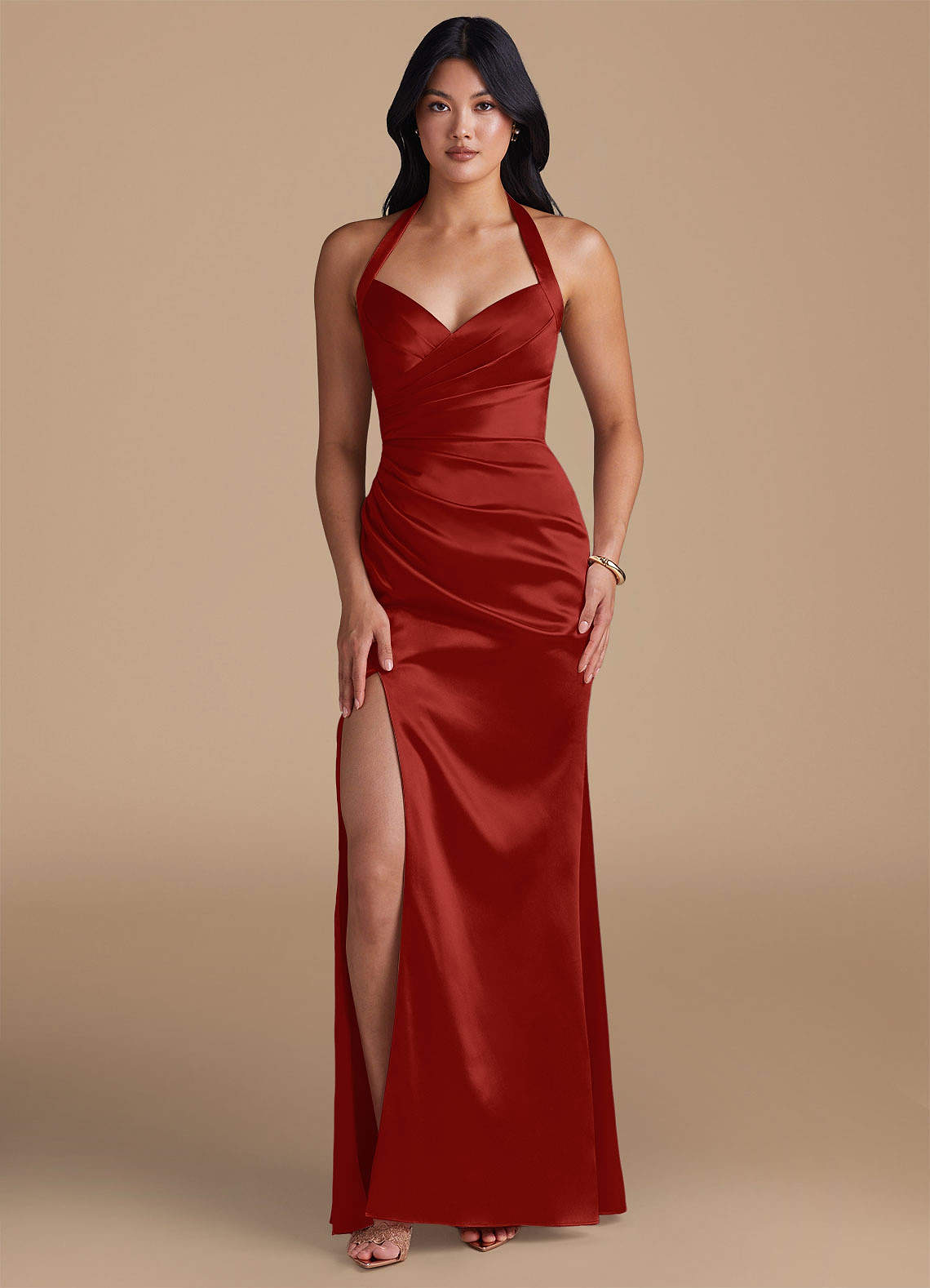 Azazie Emeria Bridesmaid Dresses Rust Sheath Side Slit Metallic Satin Dress image1