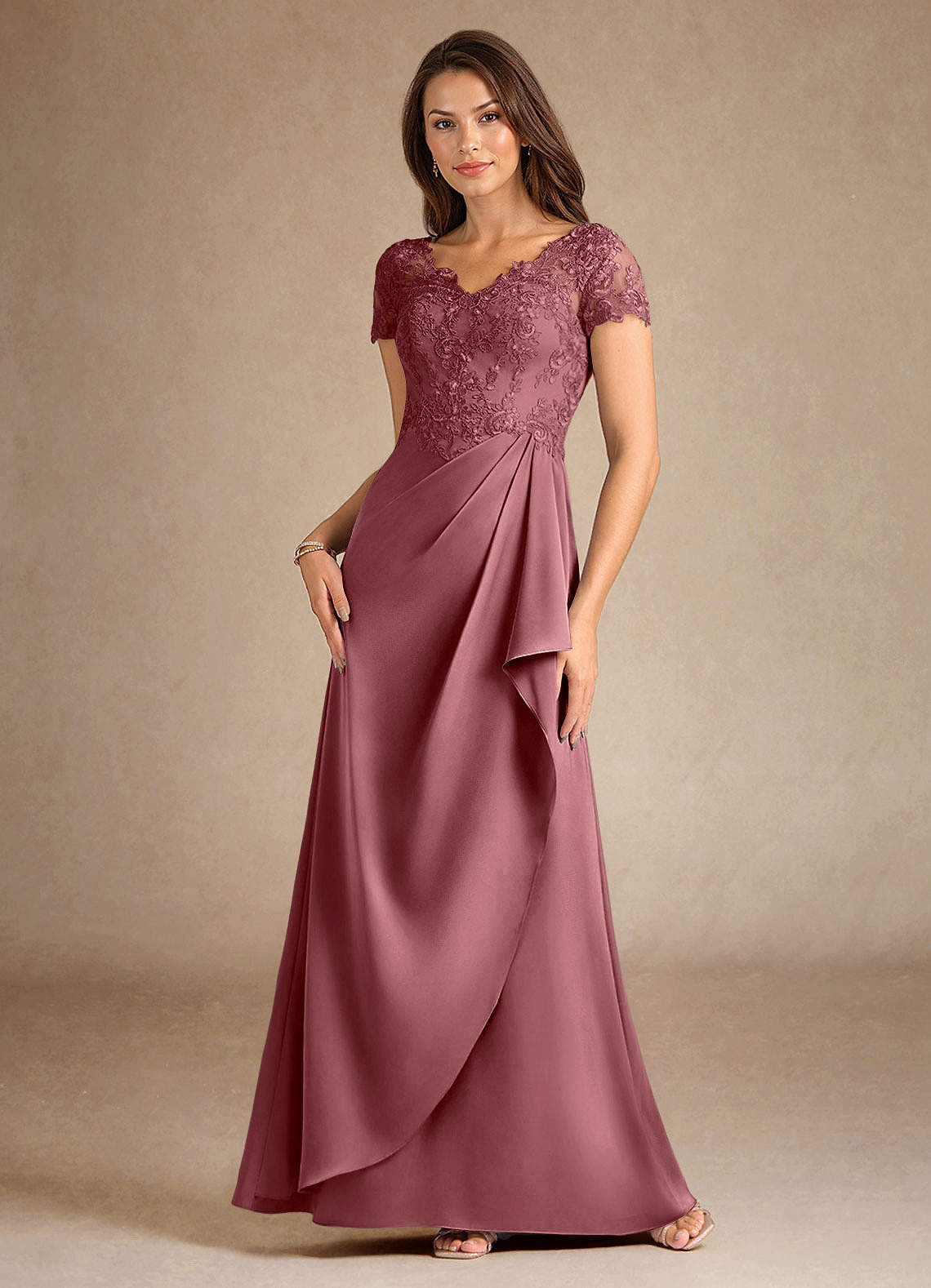 Azazie Santa Ana vestidos de madre de la novia Vestido de Rosa Del Desierto de Satén Elástico de Corte En A con Encaje image3