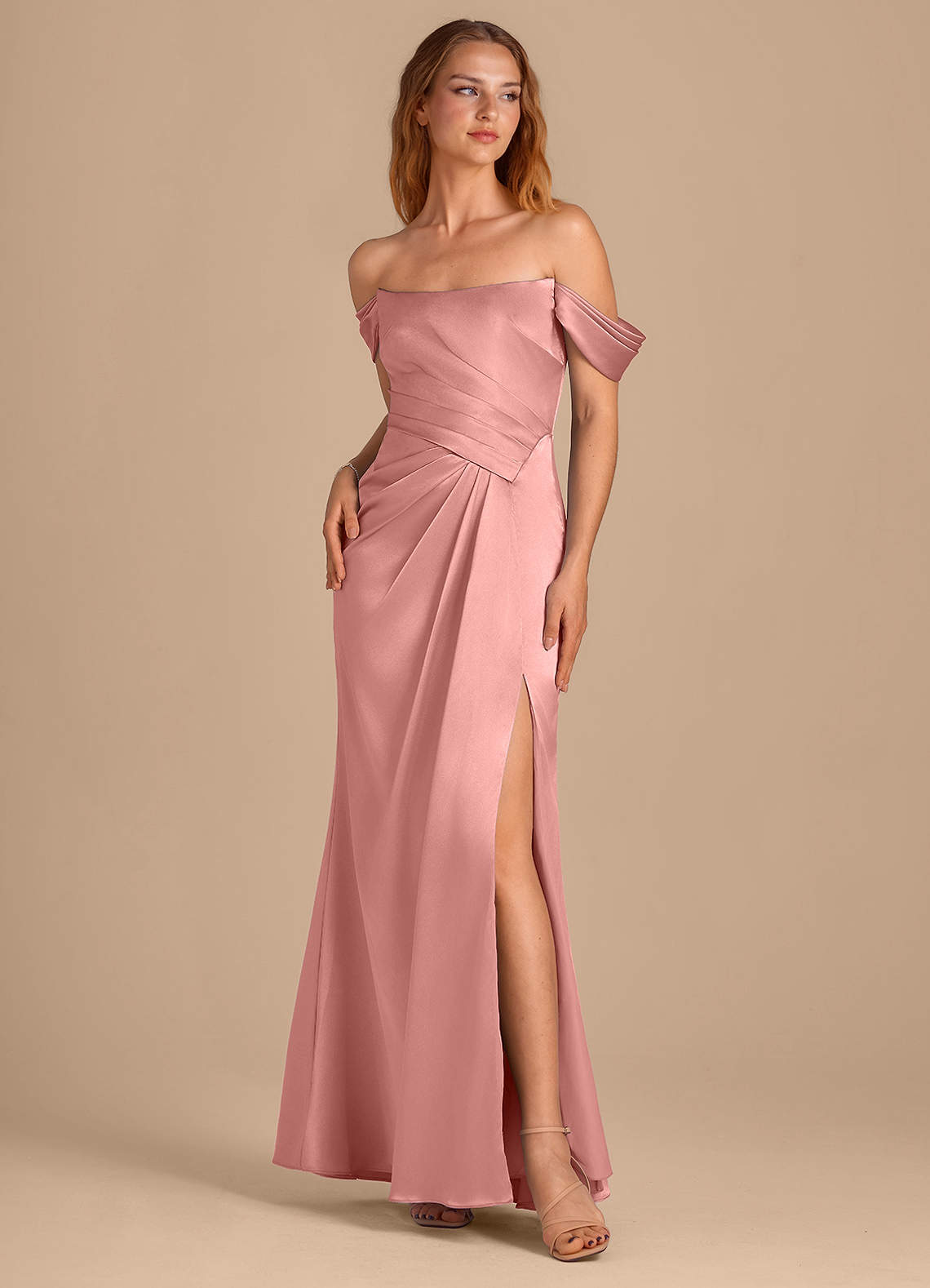 Azazie Shea Bridesmaid Dresses Rosette Mermaid Off the Shoulder Metallic Satin Convertible Dress image1