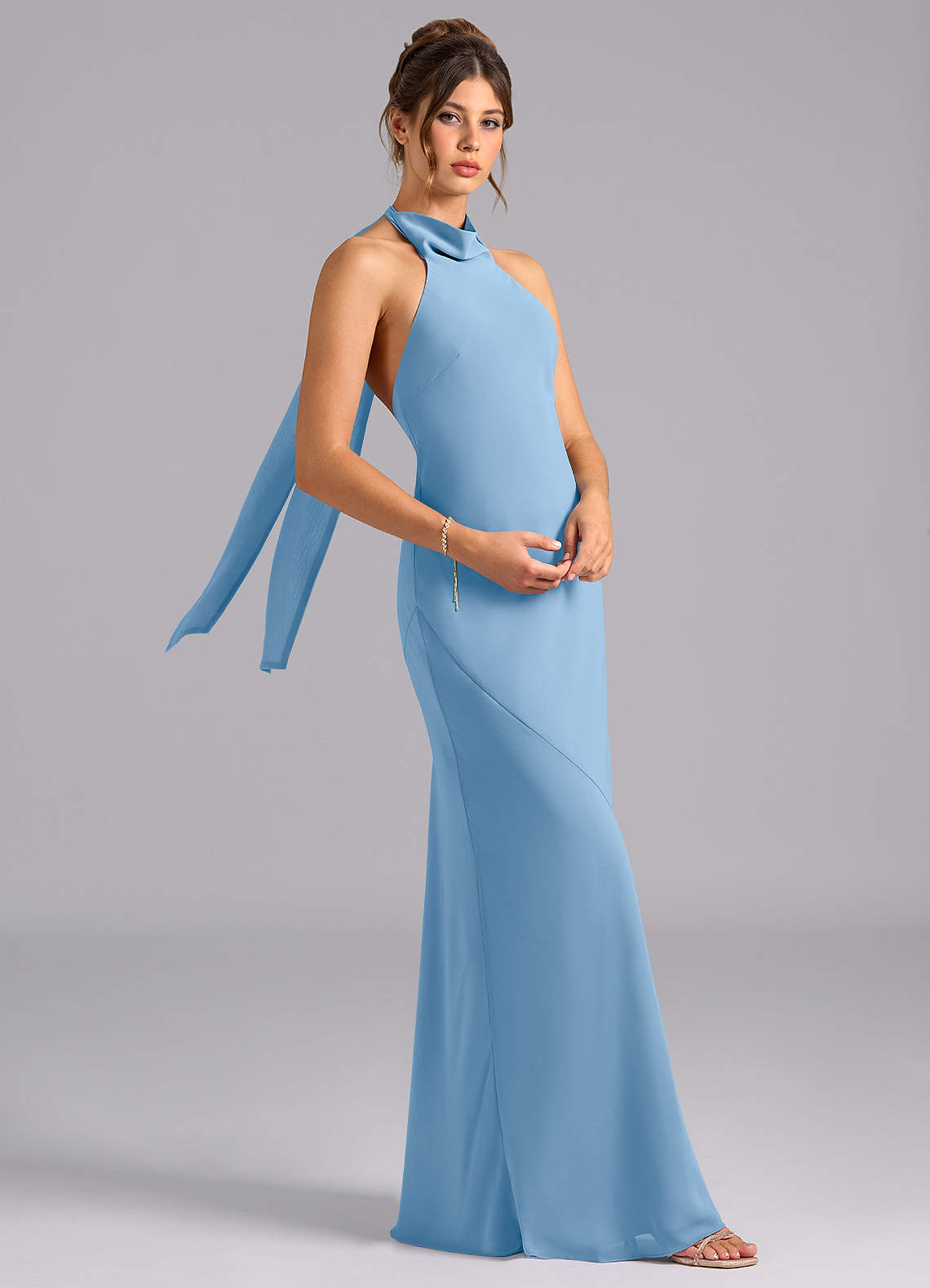 Azazie Velli Bridesmaid Dresses Powder Blue Mermaid High Neck Chiffon Dress image2