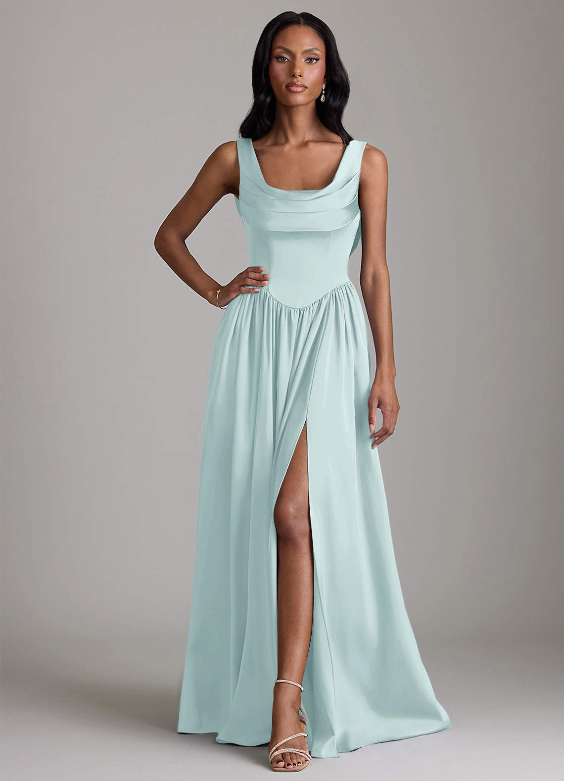 mist bridesmaid dresses Azazie A-Line Cowl Neck Floor-Length Stretch Satin Bridesmaid Dresses