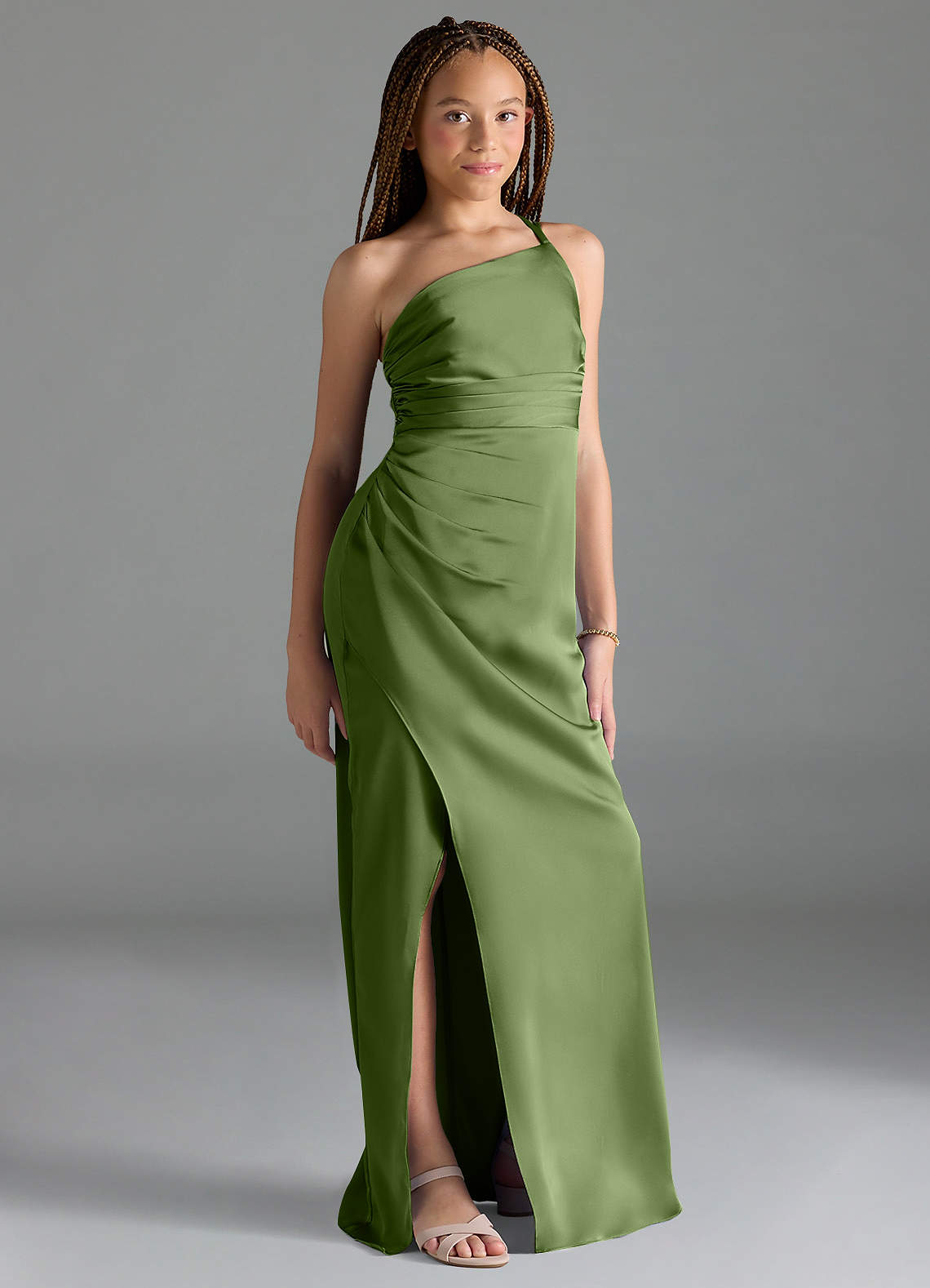 Azazie Eren Junior Juniper Sheath Pleated Stretch Satin Dress image1