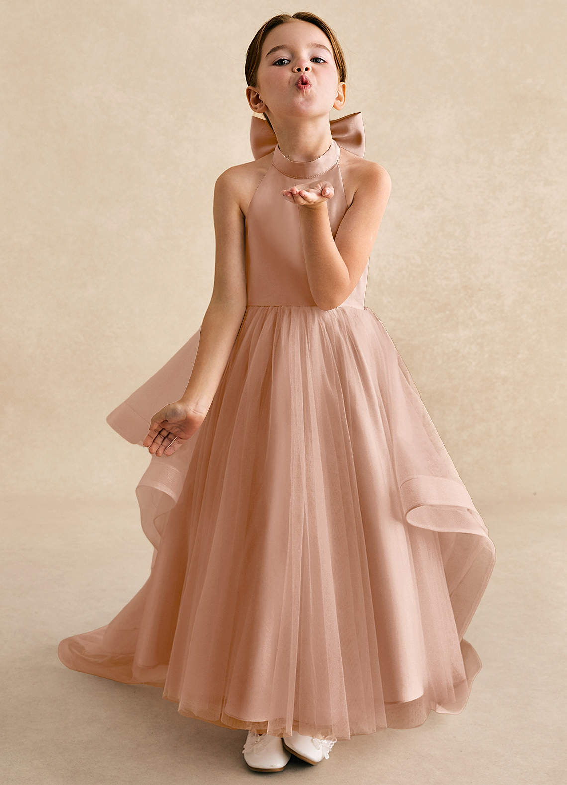 Azazie Bev Flower Girl Dresses Champagne Rose A-Line Convertible Tulle Dress image3