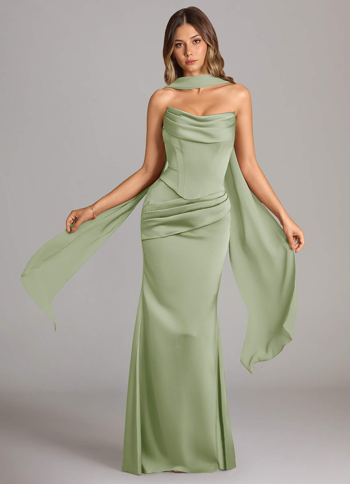 Azazie Sorrel Vestidos de damas de honor Vestido de Salvia Polvorienta de Satén Elástico de Corte Sirena Convertible con Sin tirantes image1