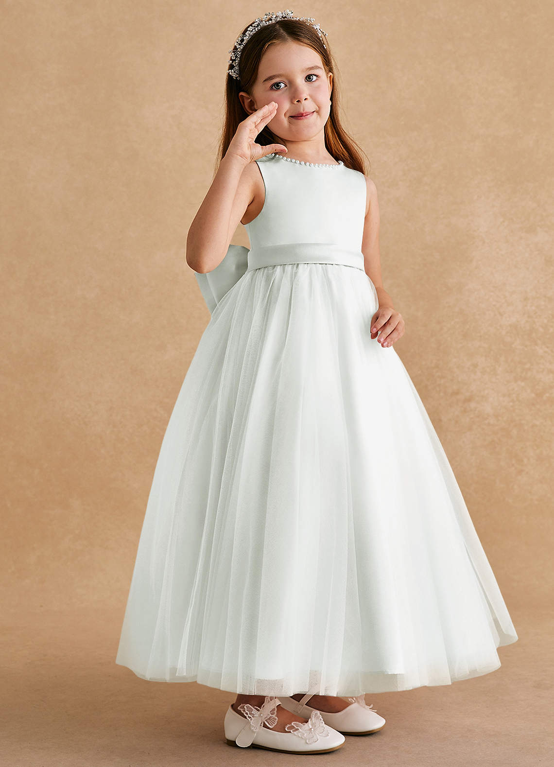 Azazie Cookie Flower Girl Dresses Ivory A-Line Bow Tulle Dress image1