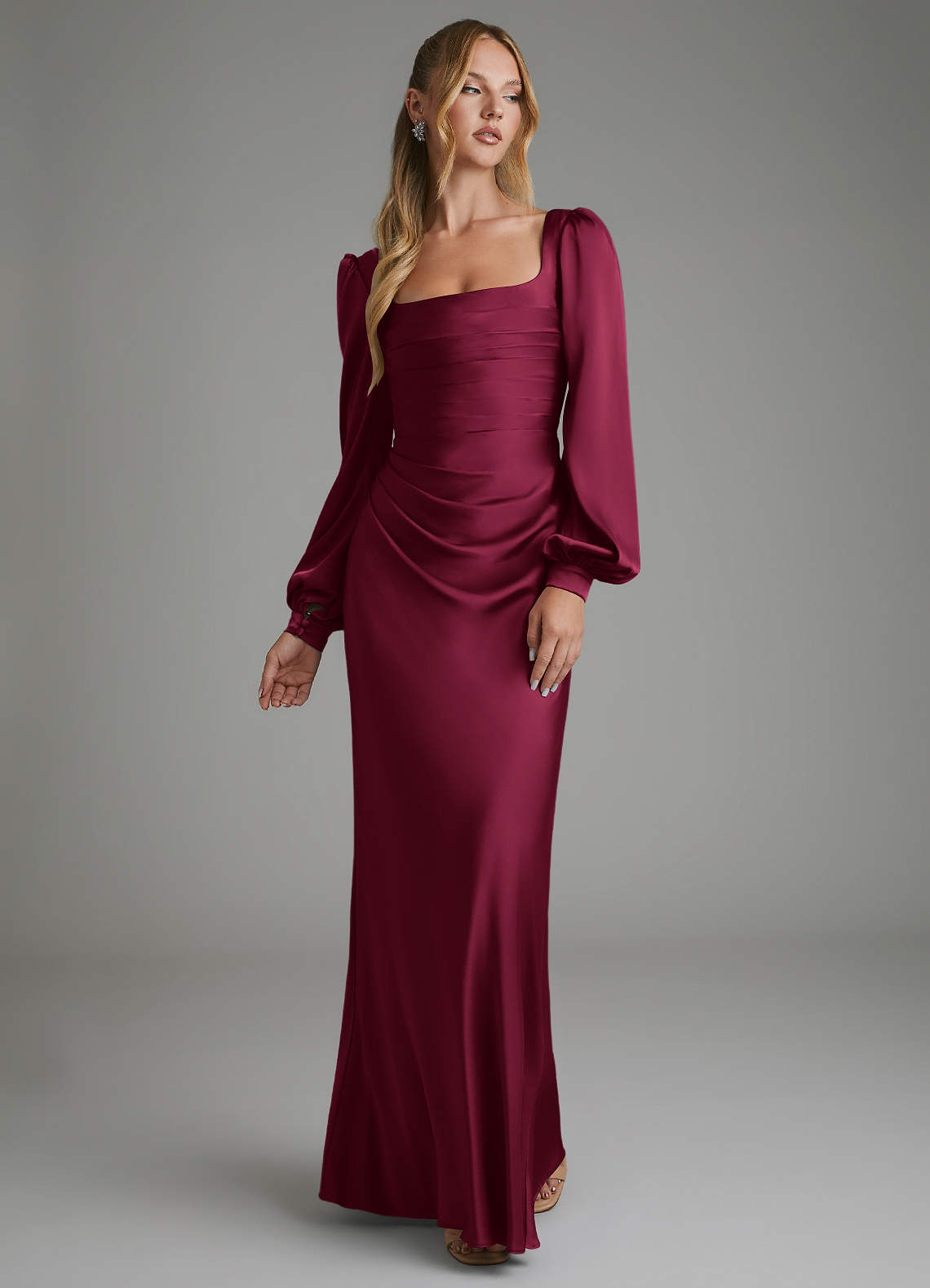 maroon mermaid bridesmaid dresses Azazie Square Neck Long Sleeve Floor-Length Stretch Satin Invited To A Black floral dresses Zipper 9 Option:Medium