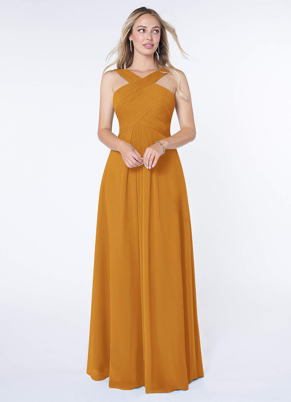Azazie Kaleigh Bridesmaid Dresses Butterscotch A-Line Pleated Chiffon Dress image1