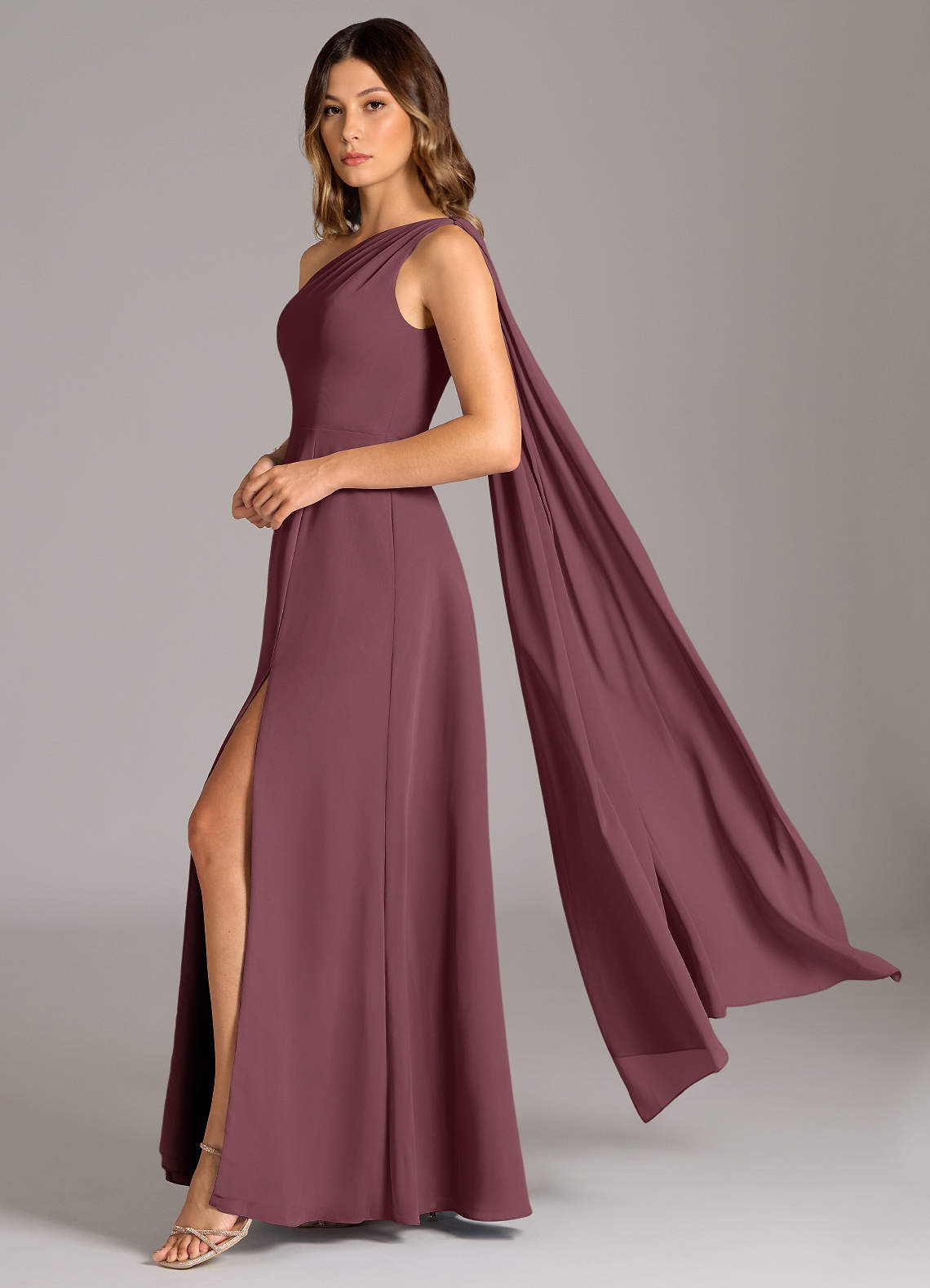Azazie Tella Bridesmaid Dresses Sangria A-Line One Shoulder Chiffon Dress image1