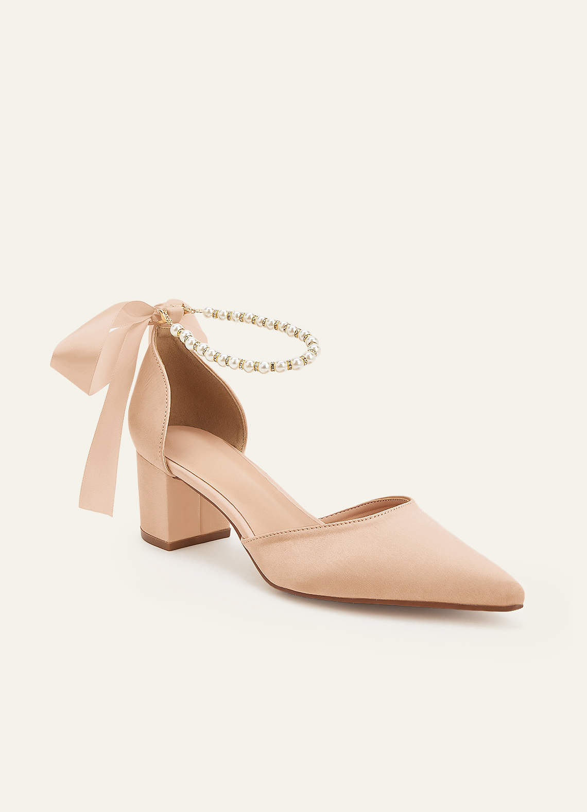 front Matching Color Matte Satin Pearl and Bow Pointed Toe Block Heels