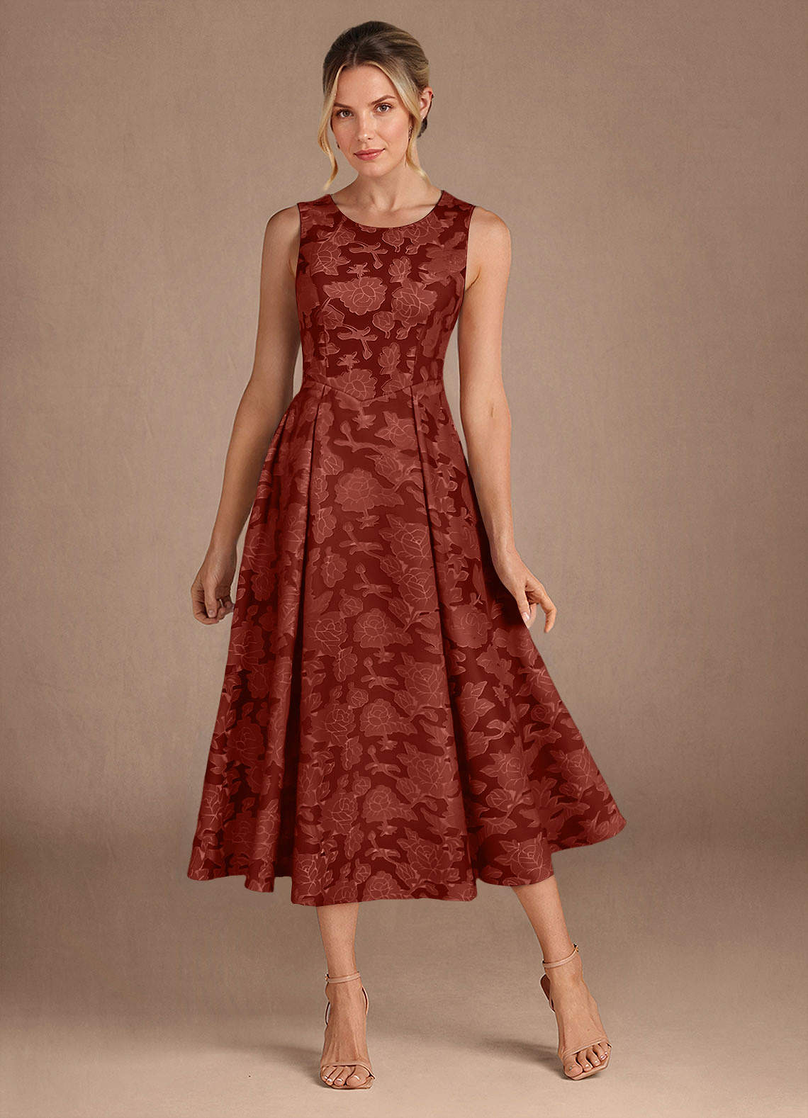 Azazie Fulton Mother of the Bride Dresses Terracotta A-Line Pleated Floral Burnout Dress image1