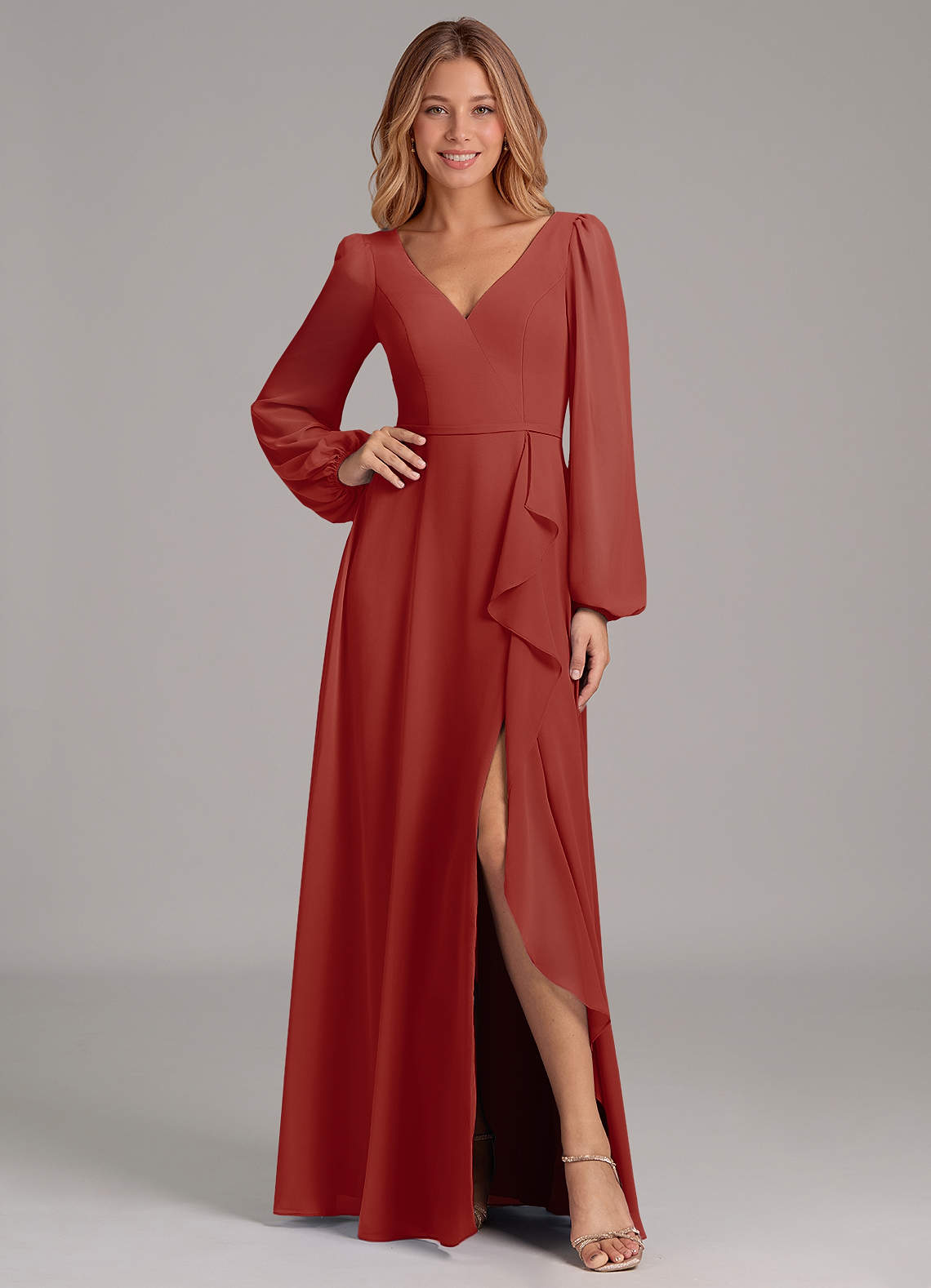 Azazie Simone Bridesmaid Dresses Terracotta A-Line Long Sleeve Chiffon Dress image1