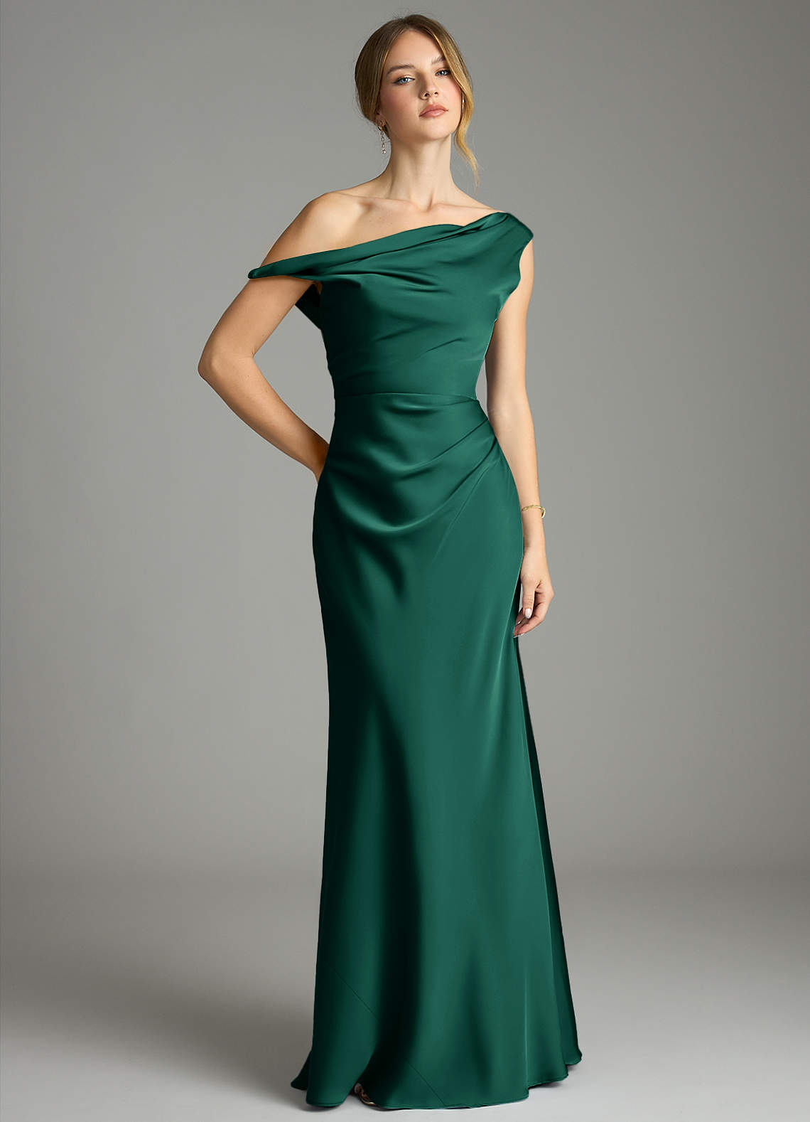 Azazie Emerson At-home Try On Dresses Emerald Mermaid Off the Shoulder Stretch Satin Dress image1