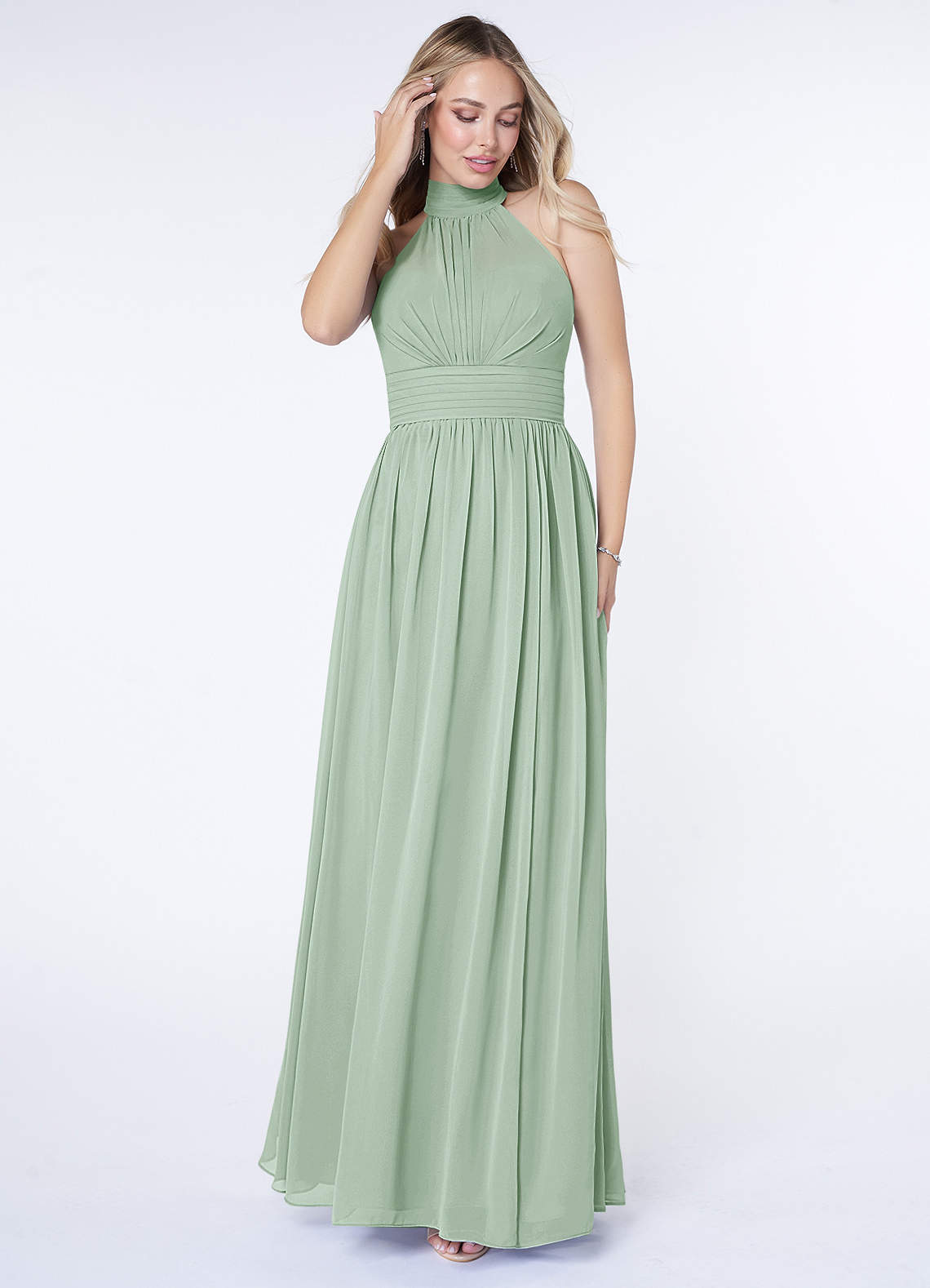 Azazie Iman Robes de demoiselle d'honneur Robe Trapèze en Mousseline de soie Ligne A froncée Agave image1