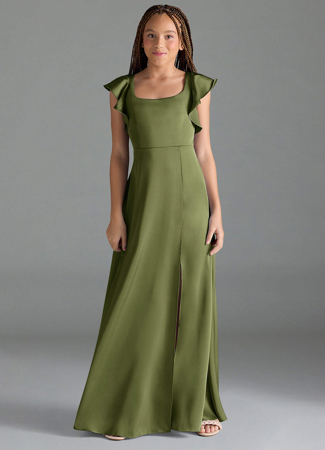 Azazie Bondi Junior Olive A-Line Side Slit Stretch Satin Dress image1