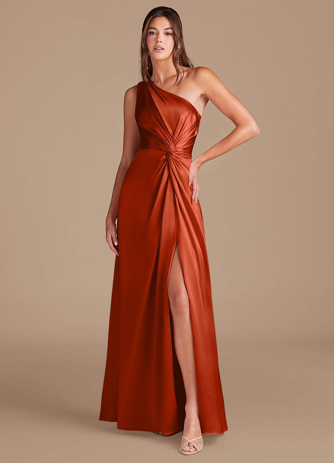 Azazie Brooke Bridesmaid Dresses Paprika A-Line One Shoulder Metallic Satin Dress image1