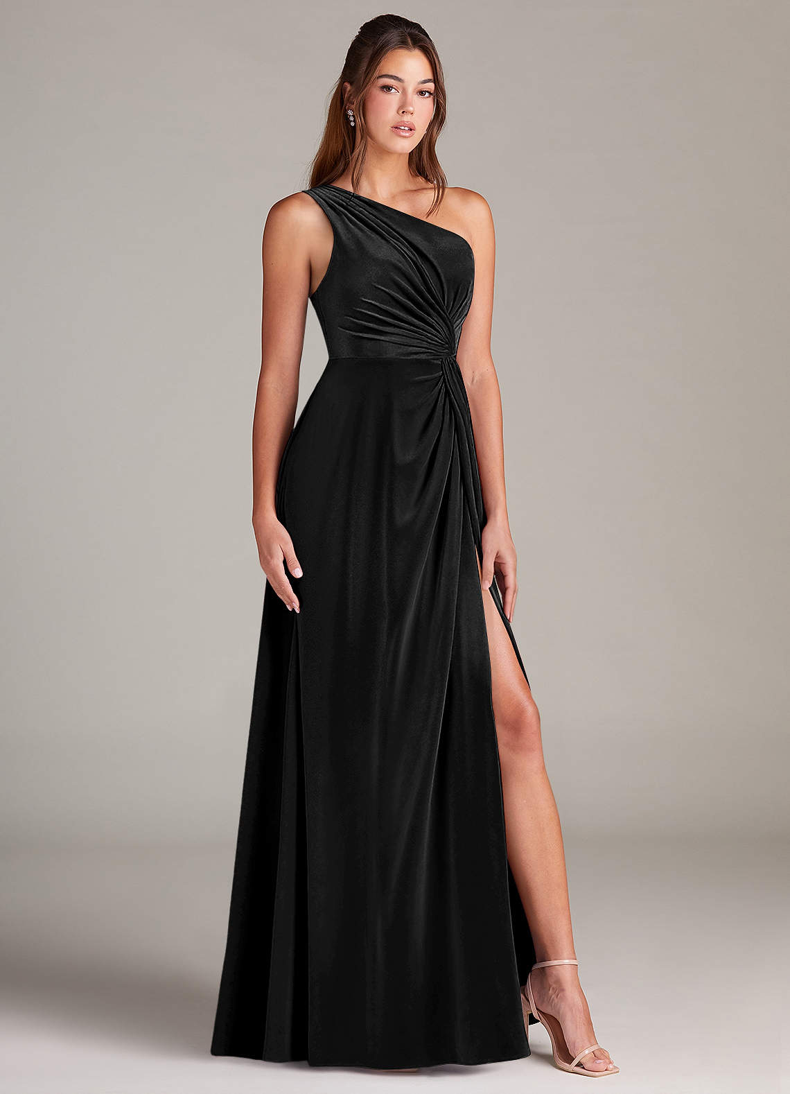 Azazie Brooke Bridesmaid Dresses Black A-Line One Shoulder Velvet Dress image2